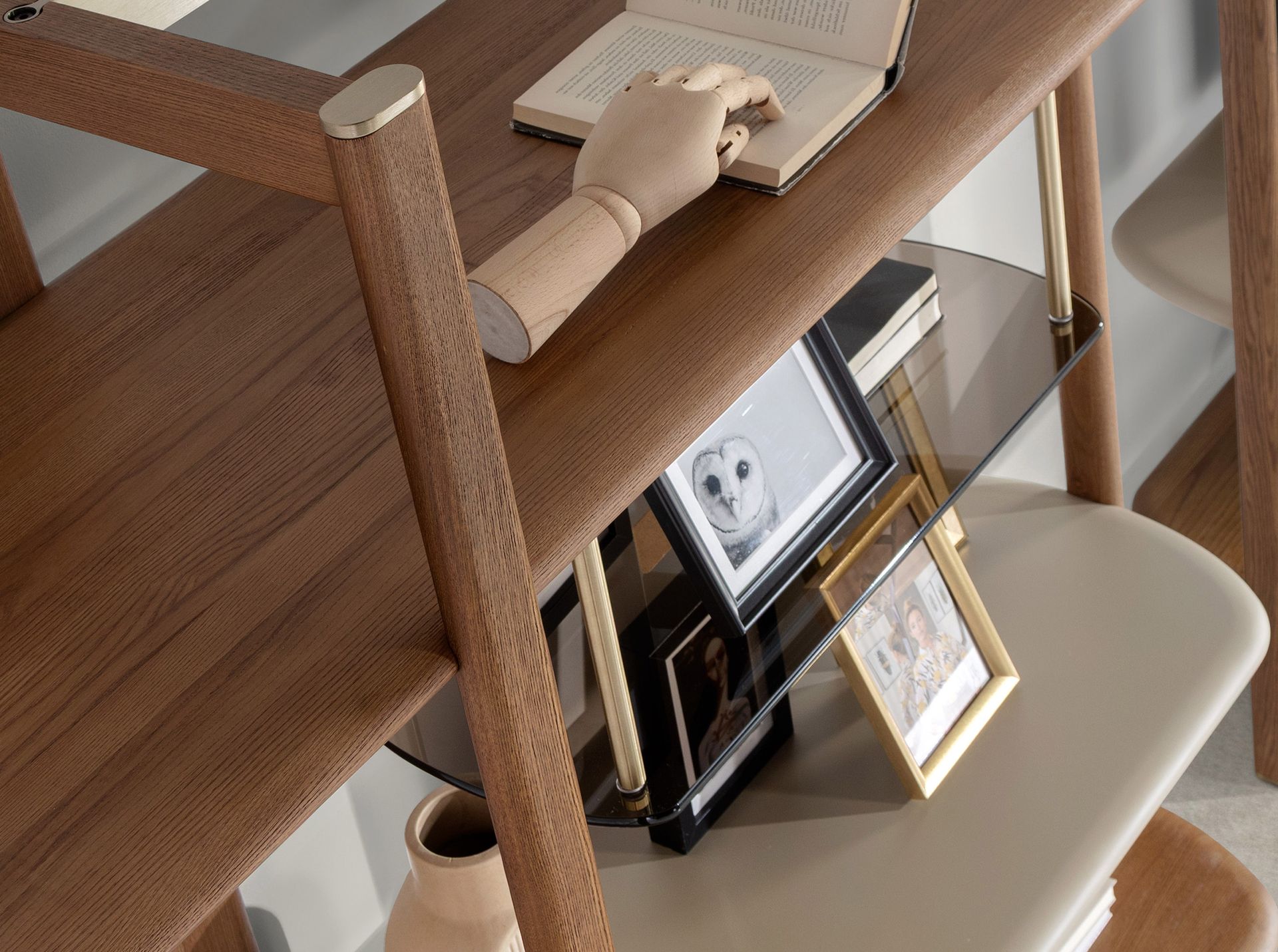Left rectangular shelving unit in light walnut and greige-coloured wood