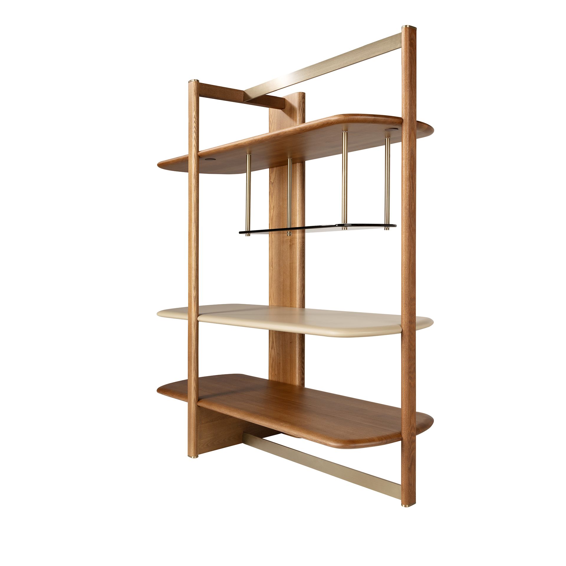 Left rectangular shelving unit in light walnut and greige-coloured wood