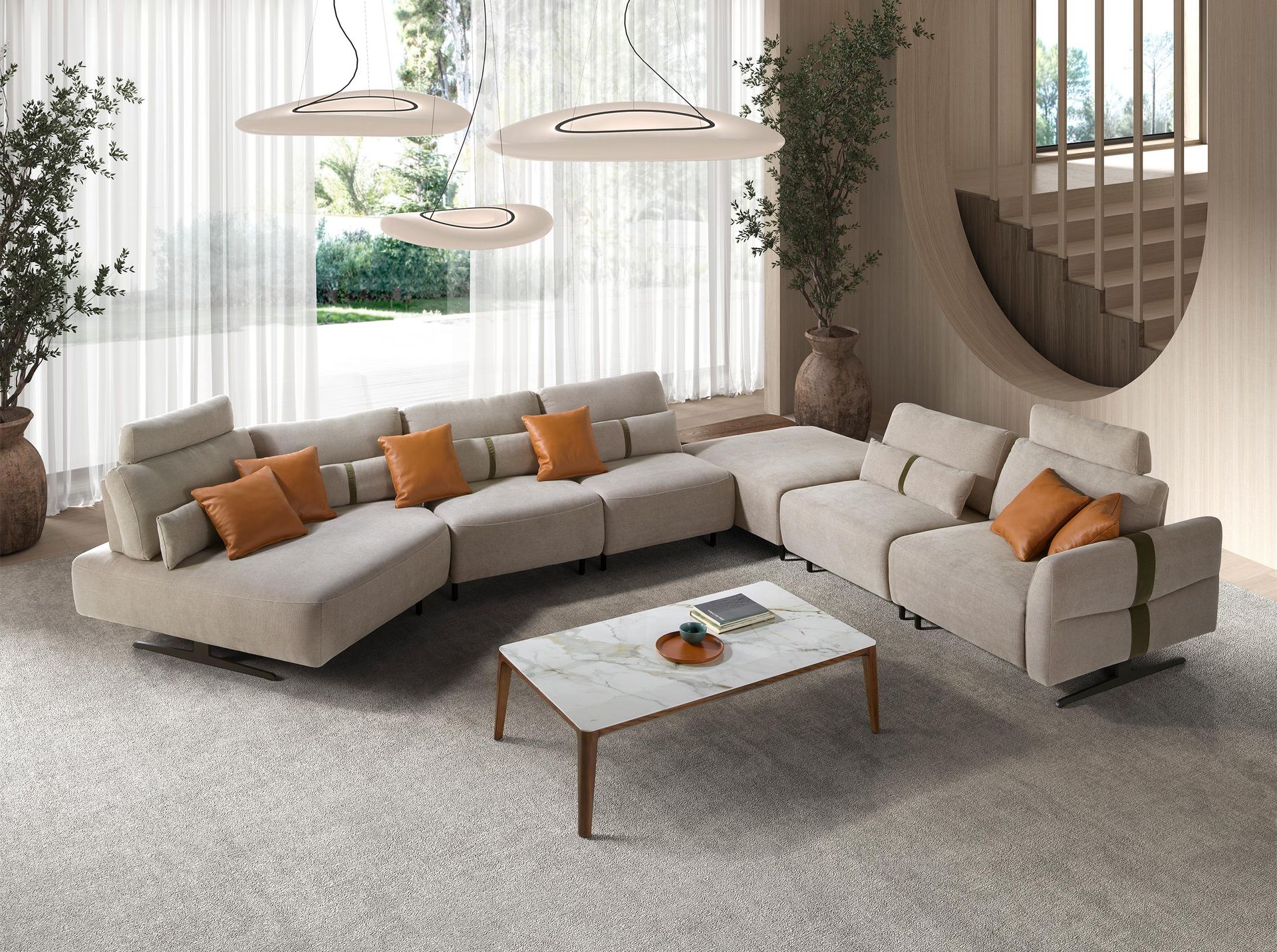 Left-hand modular chaise longue sofa in sand fabric