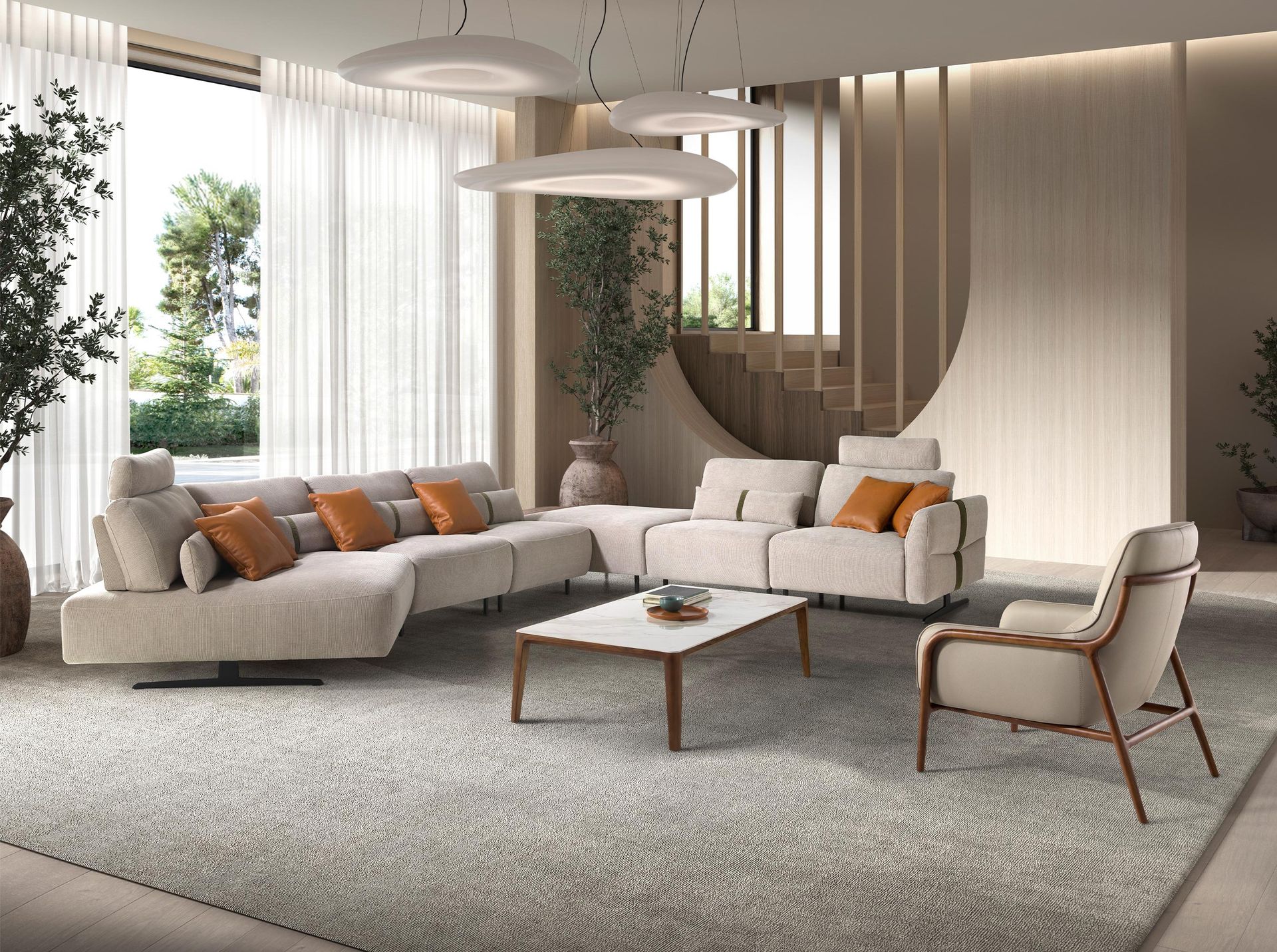 Left-hand modular chaise longue sofa in sand fabric