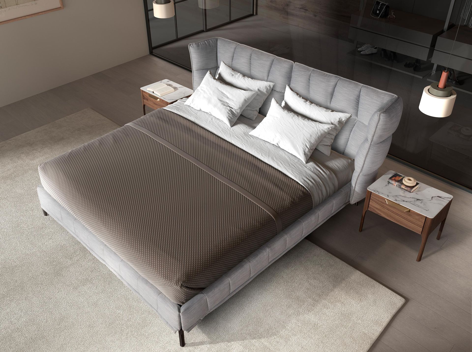 Light bluish-grey fabric bed