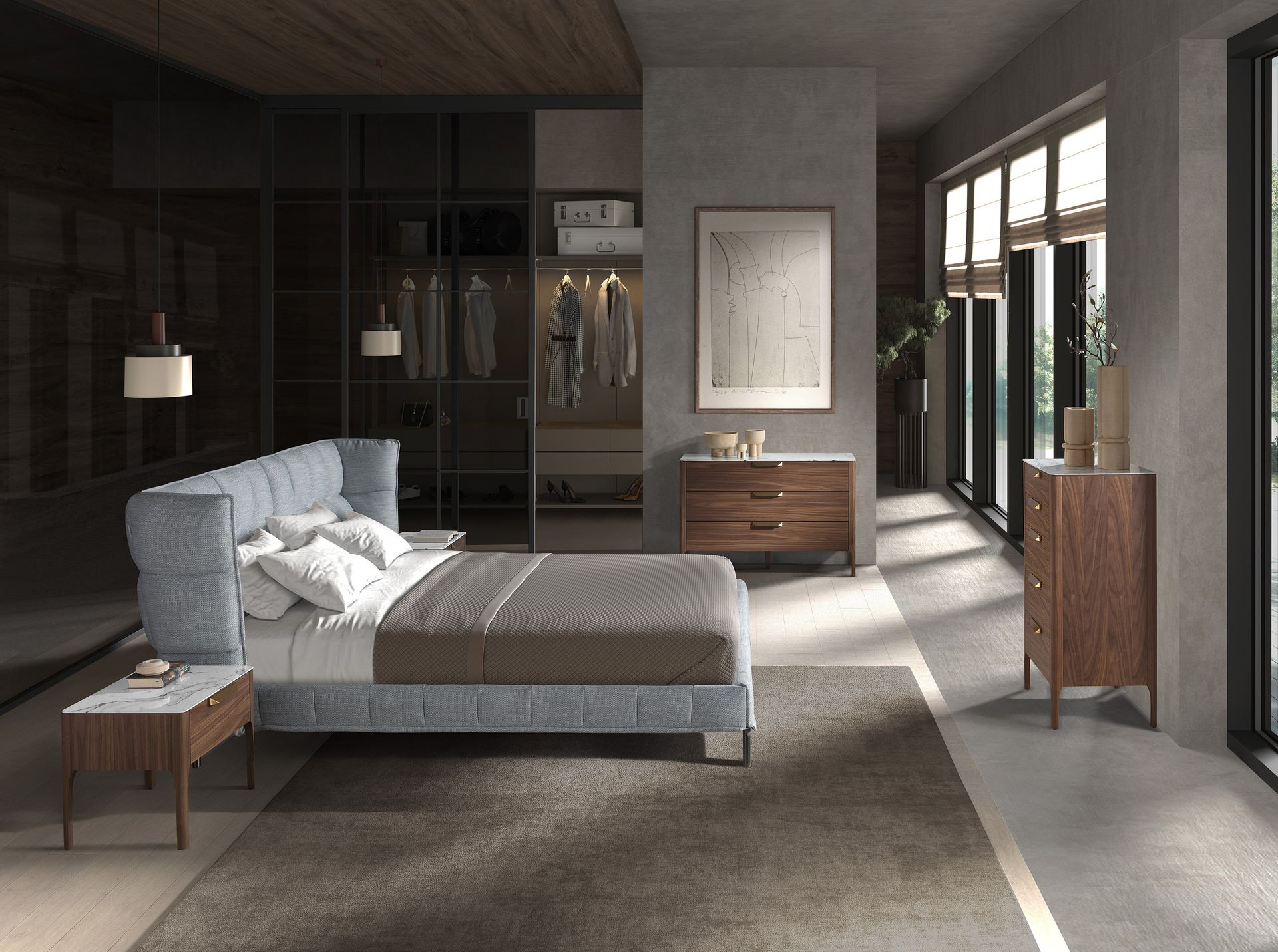 Light bluish-grey fabric bed