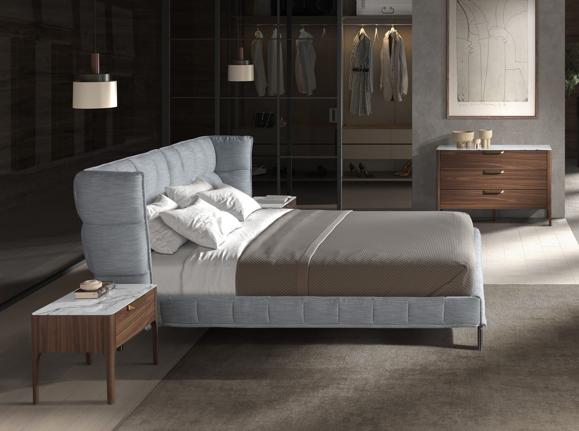 Light bluish-grey fabric bed