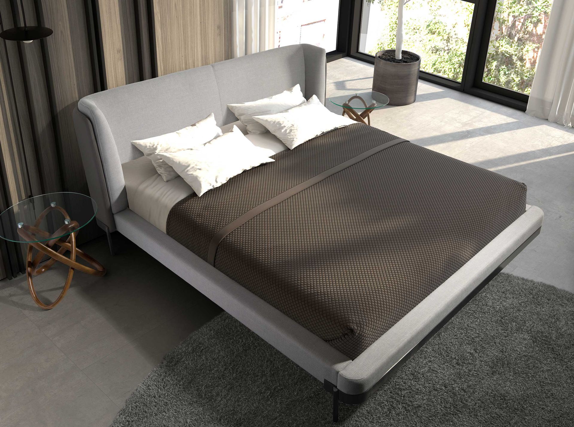 Light grey fabric and dark grey leatherette bed
