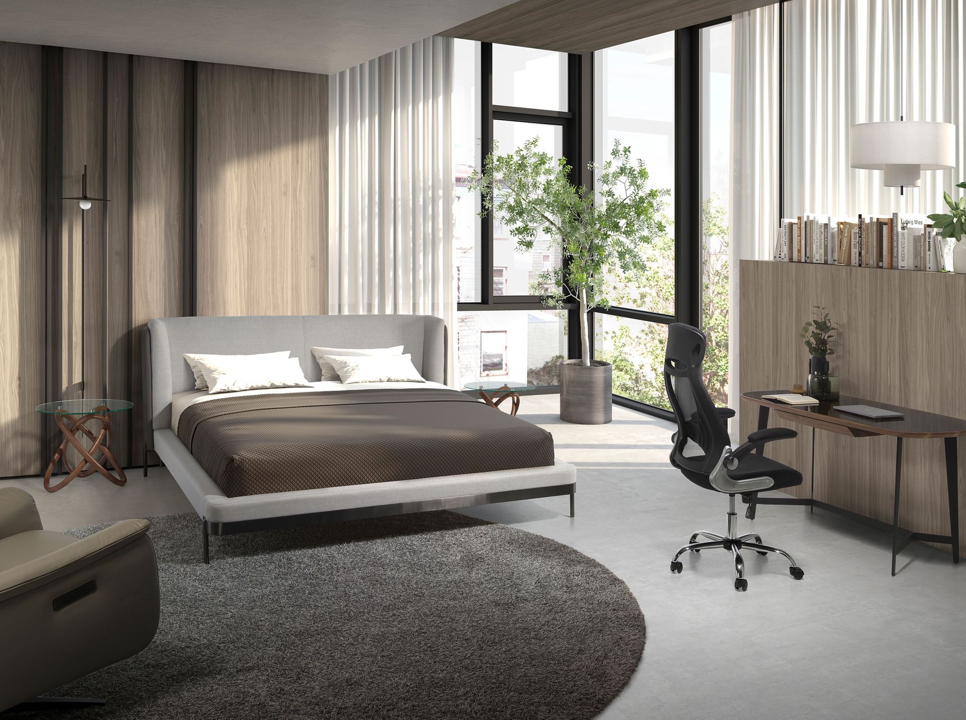 Light grey fabric and dark grey leatherette bed