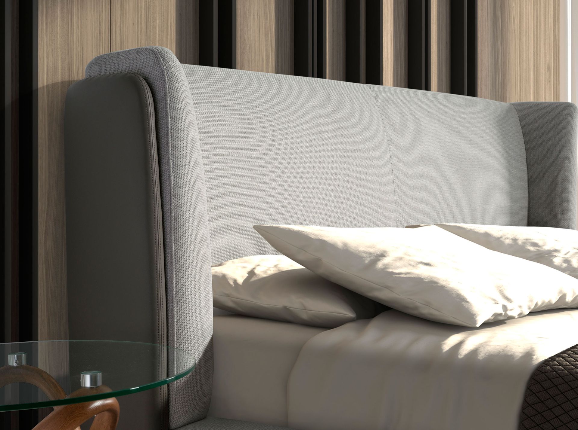 Light grey fabric and dark grey leatherette bed