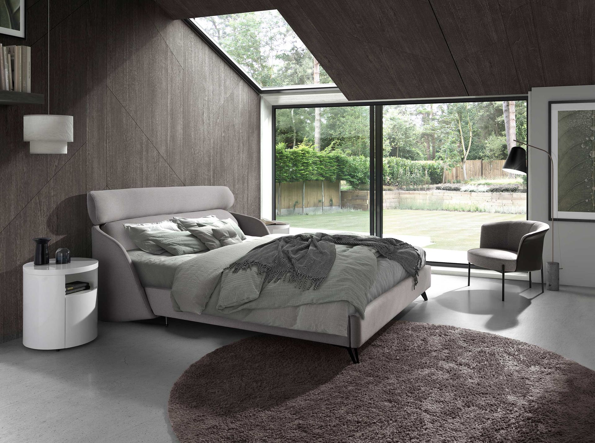 Light grey fabric bed