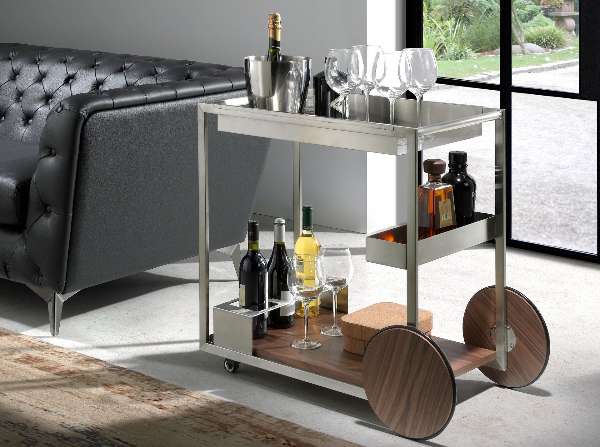 Minibar trolley steel and walnut