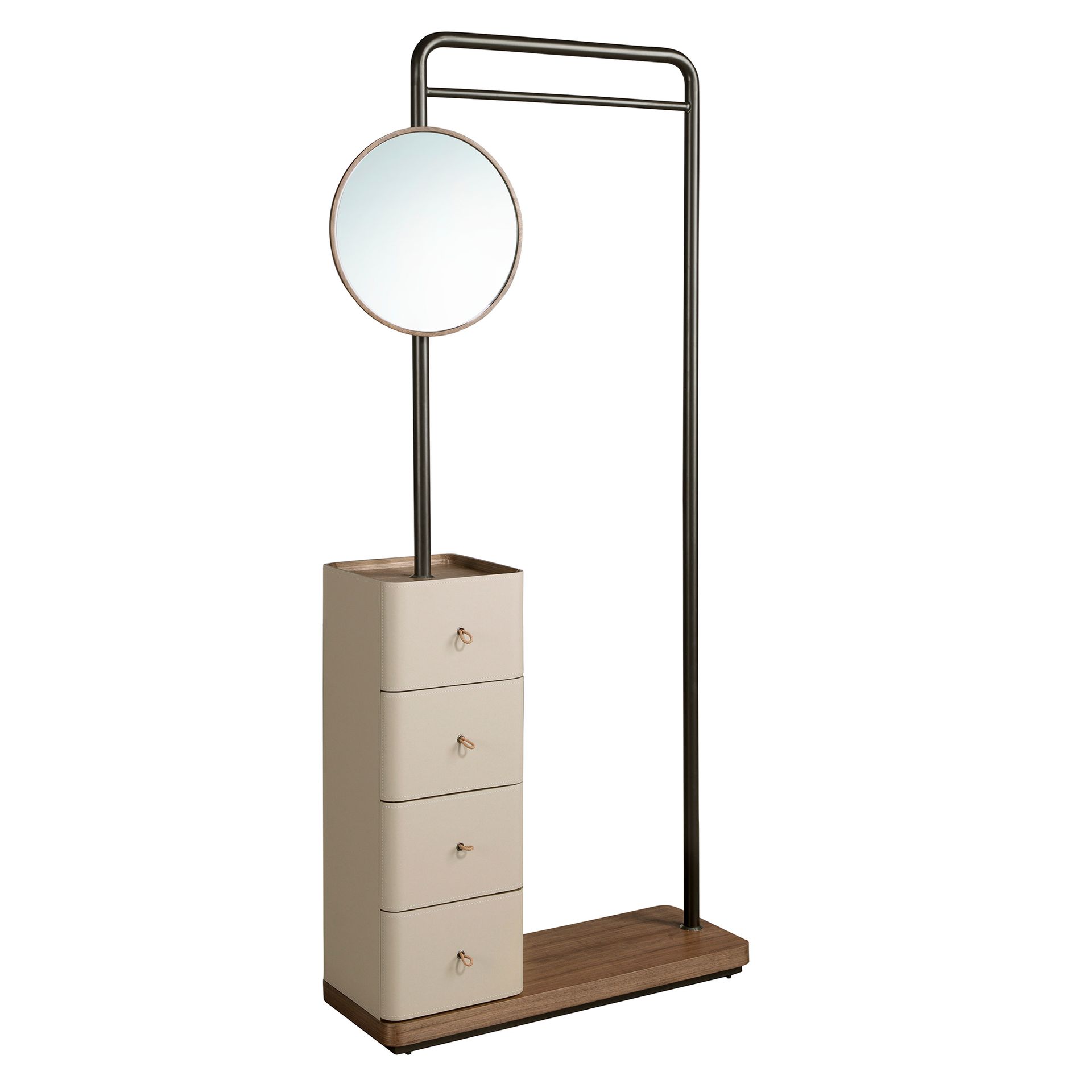 Mink leatherette, walnut, and black steel coat rack with mirror
