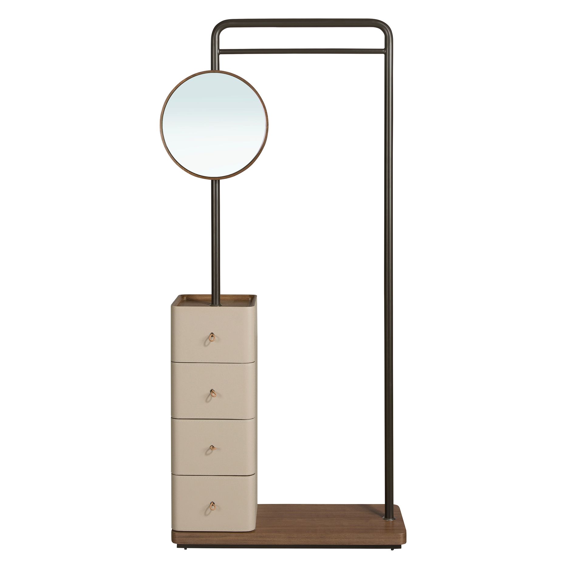 Mink leatherette, walnut, and black steel coat rack with mirror