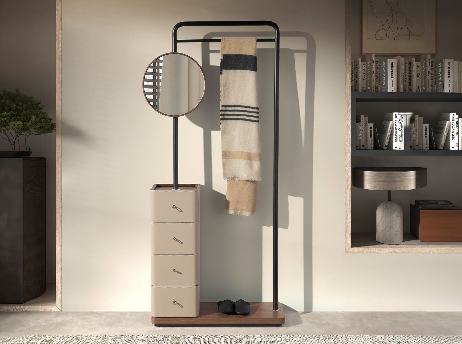 Mink leatherette, walnut, and black steel coat rack with mirror