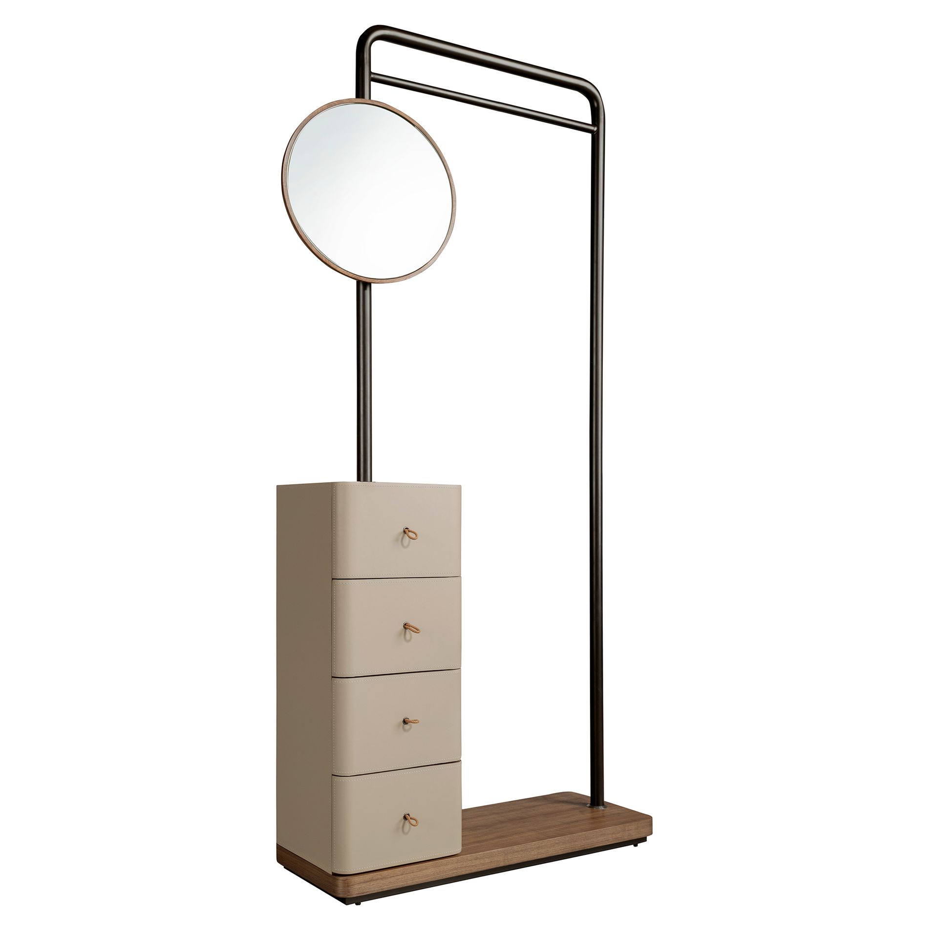 Mink leatherette, walnut, and black steel coat rack with mirror
