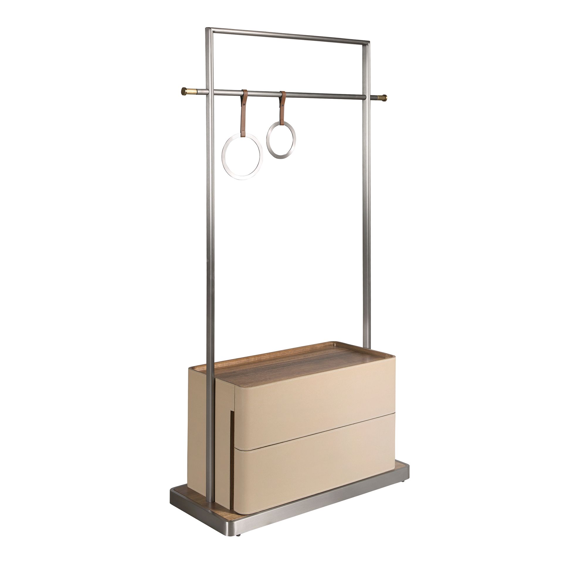 Mink leatherette, walnut, and stainless steel coat rack