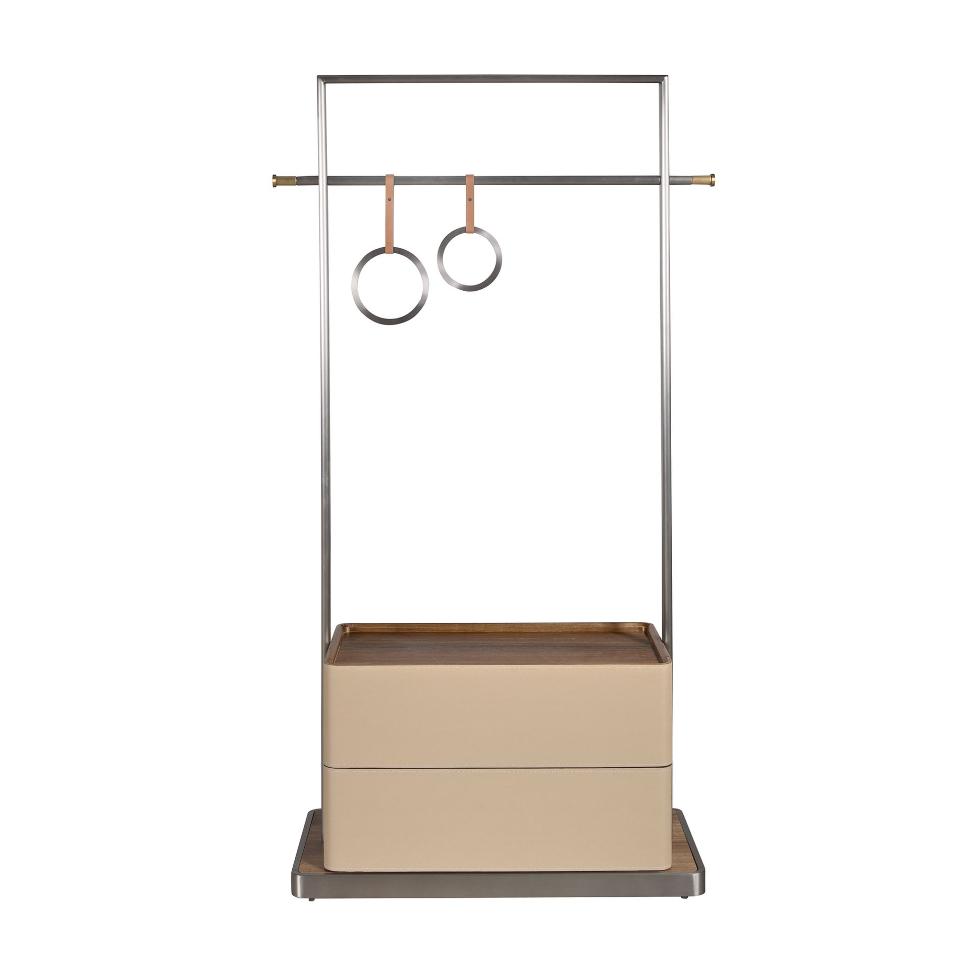 Mink leatherette, walnut, and stainless steel coat rack