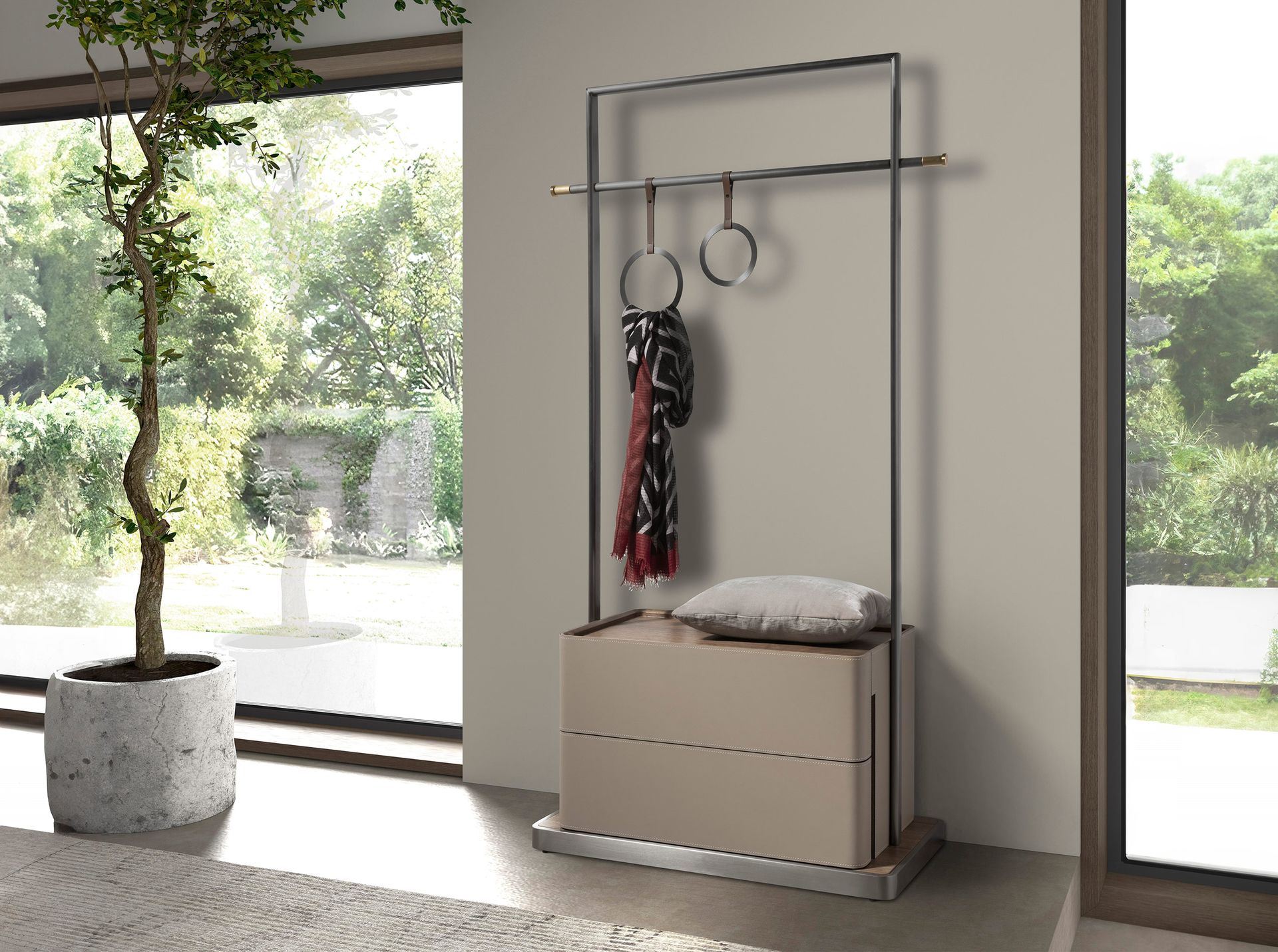 Mink leatherette, walnut, and stainless steel coat rack