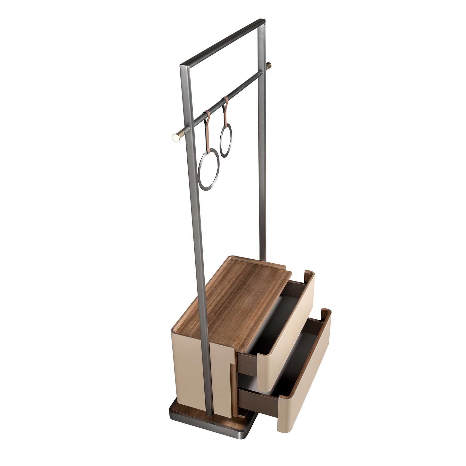 Mink leatherette, walnut, and stainless steel coat rack