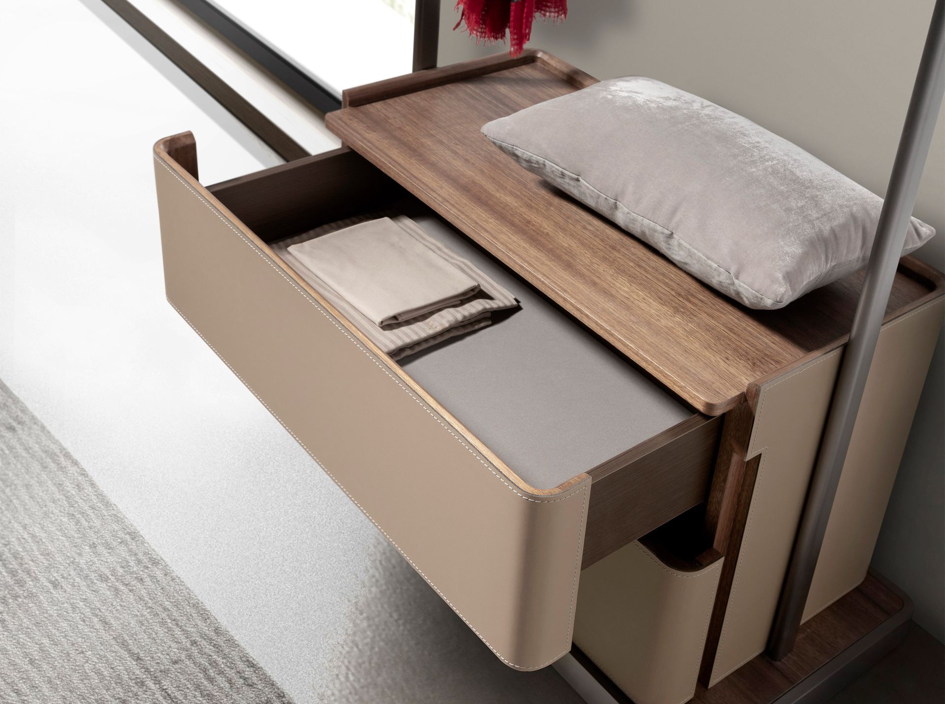 Mink leatherette, walnut, and stainless steel coat rack