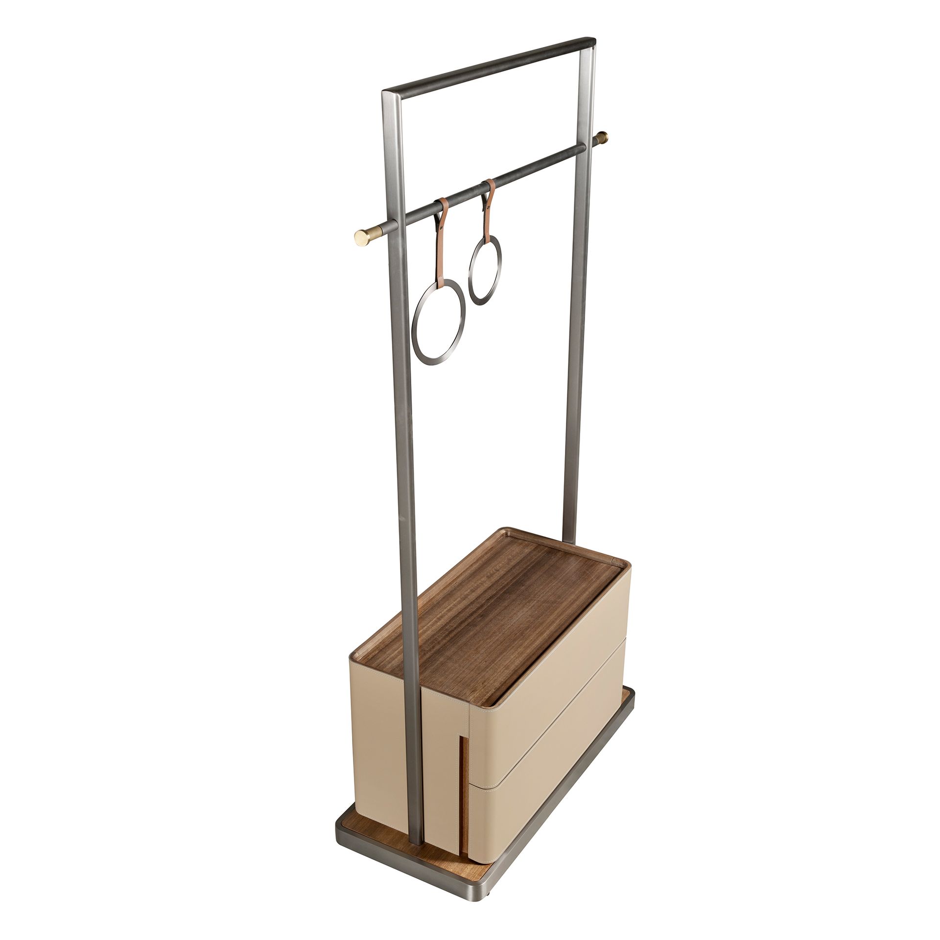 Mink leatherette, walnut, and stainless steel coat rack