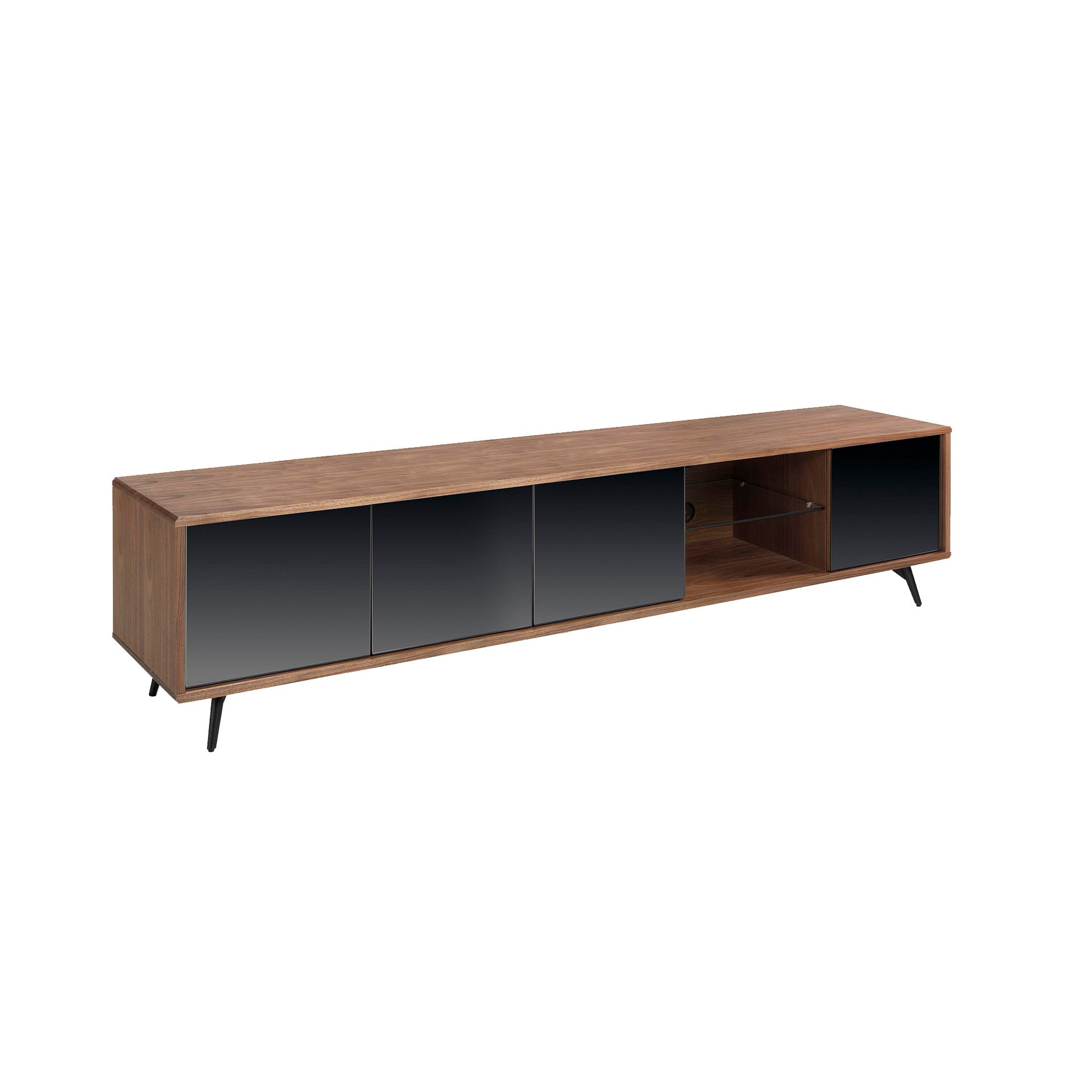 Mirror effect black glass, walnut and black steel TV unit