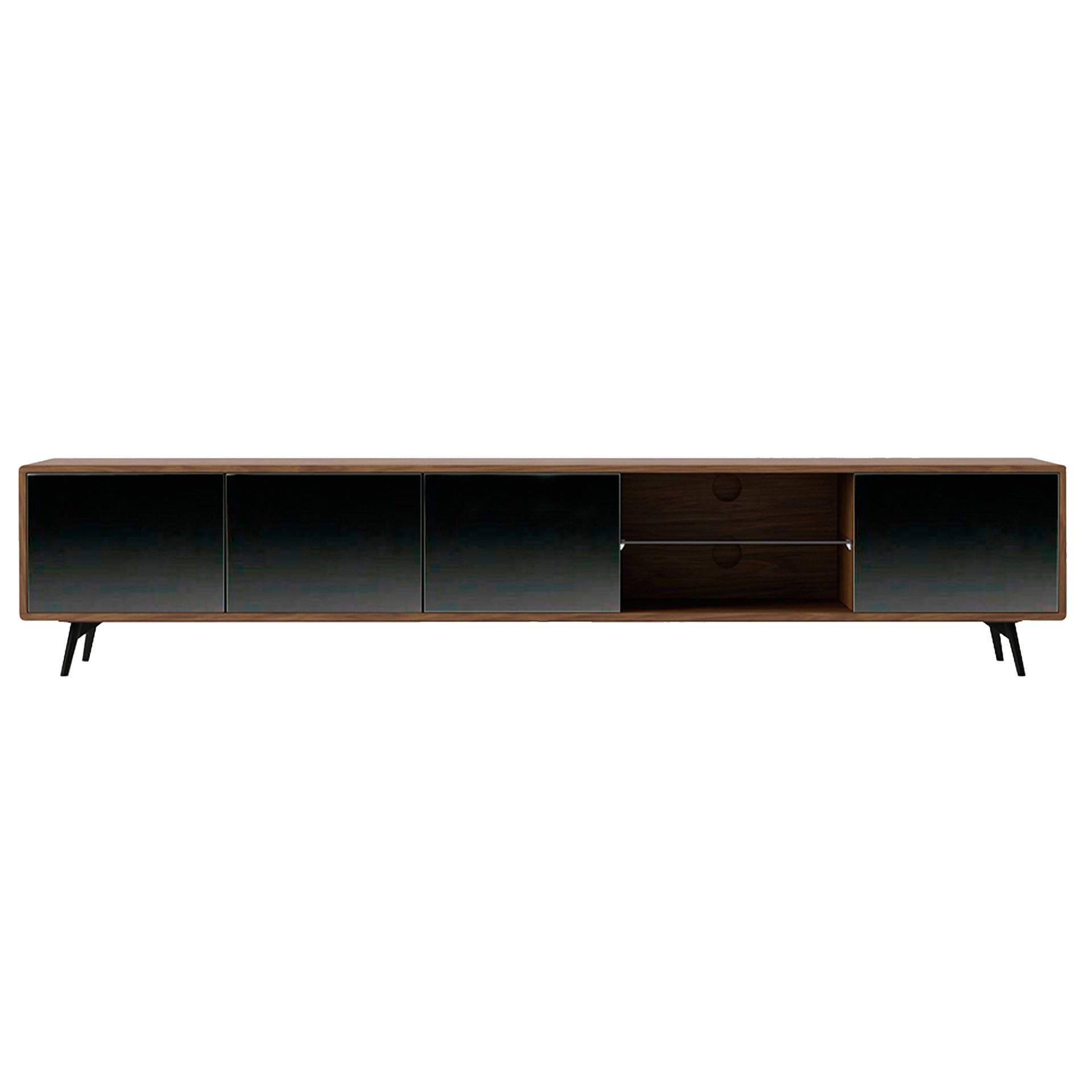 Mirror effect black glass, walnut and black steel TV unit