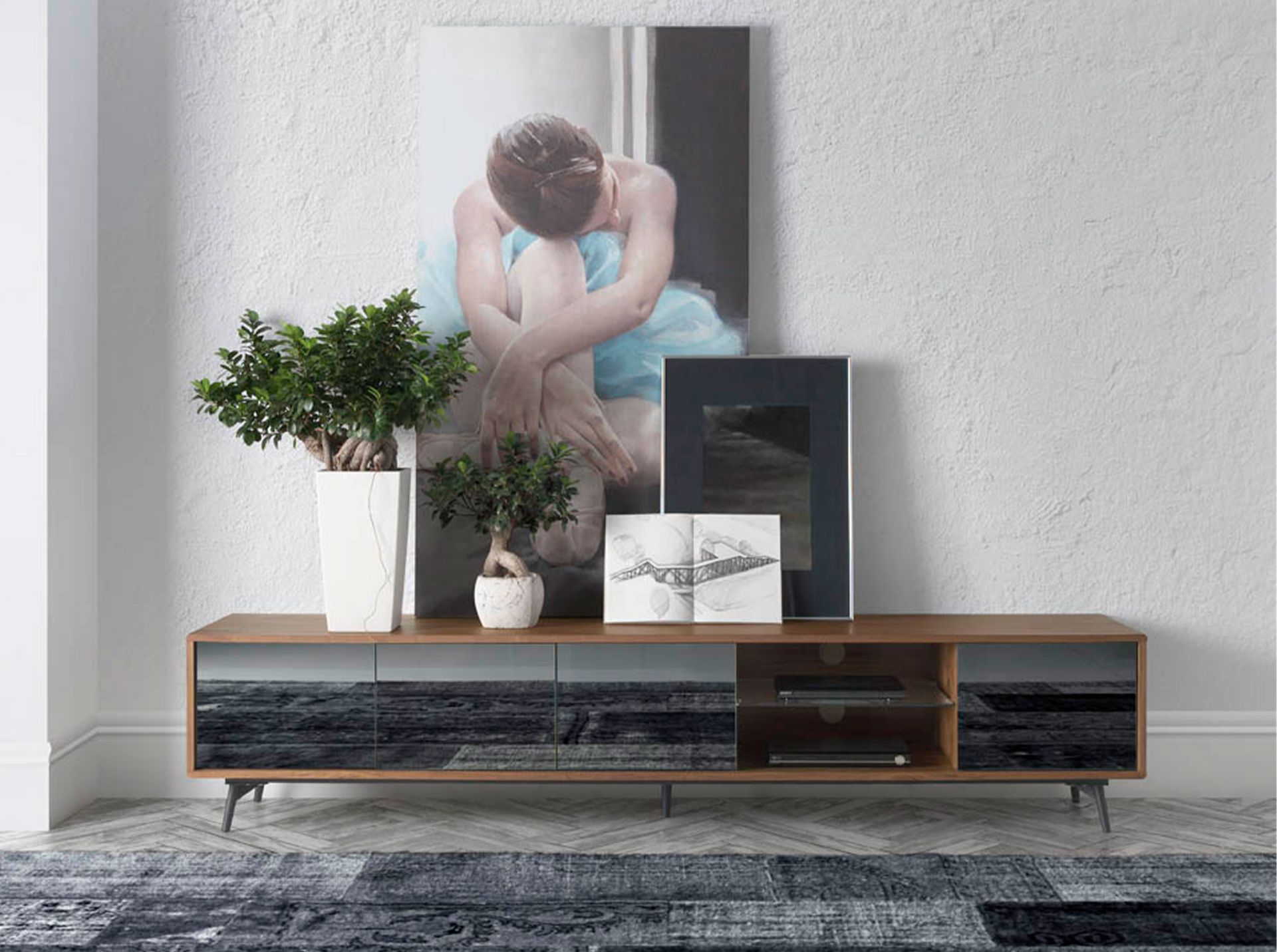 Mirror effect black glass, walnut and black steel TV unit