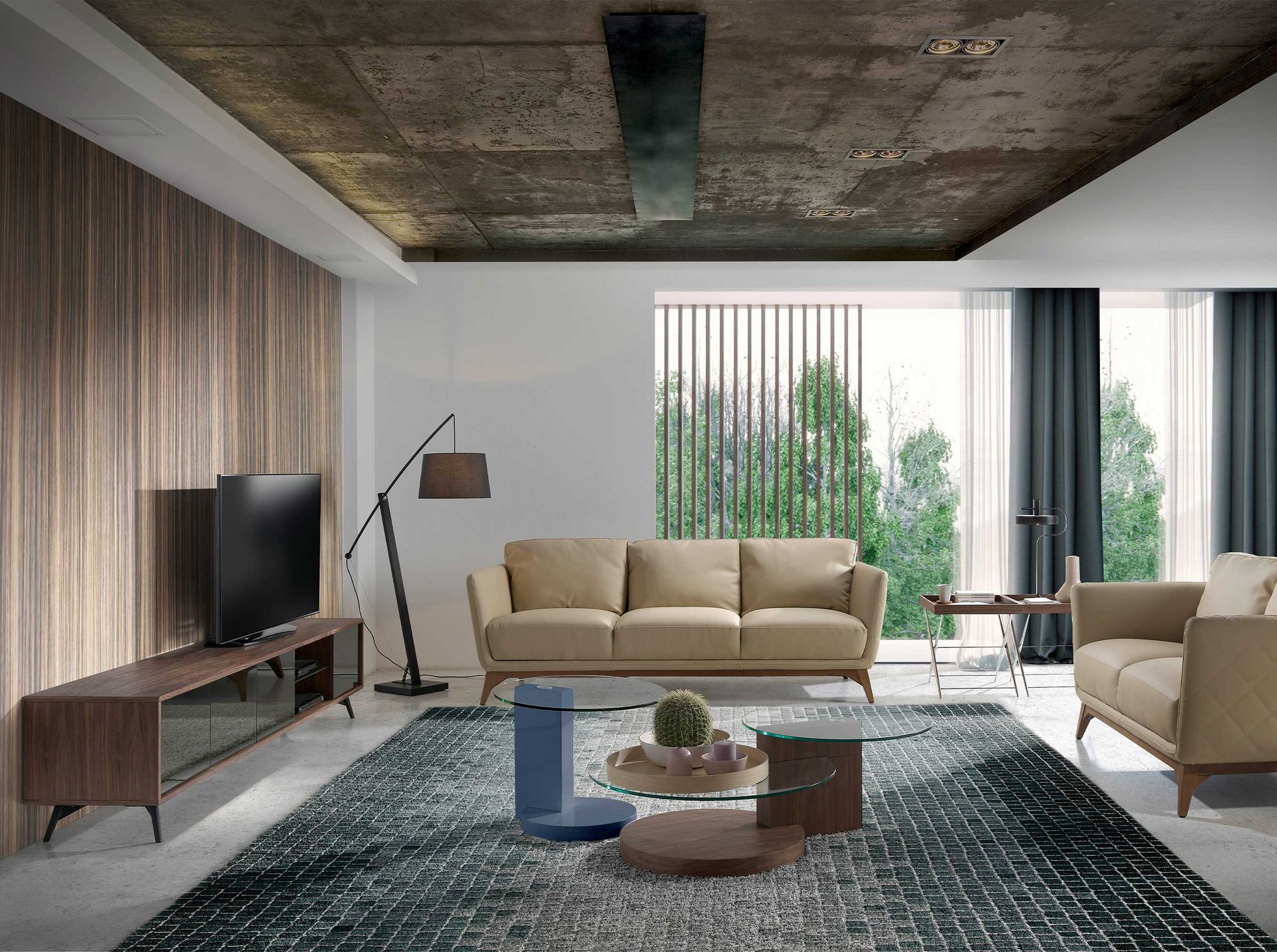 Mirror effect black glass, walnut and black steel TV unit