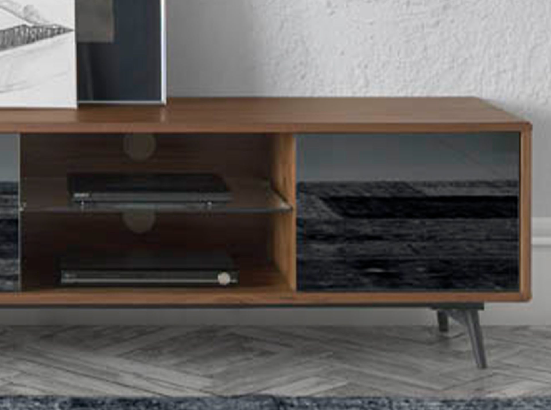 Mirror effect black glass, walnut and black steel TV unit