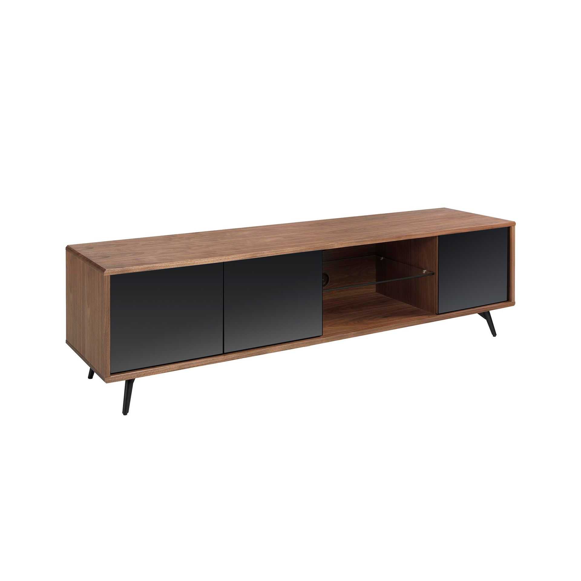 Mirror effect black glass, walnut and black steel TV unit