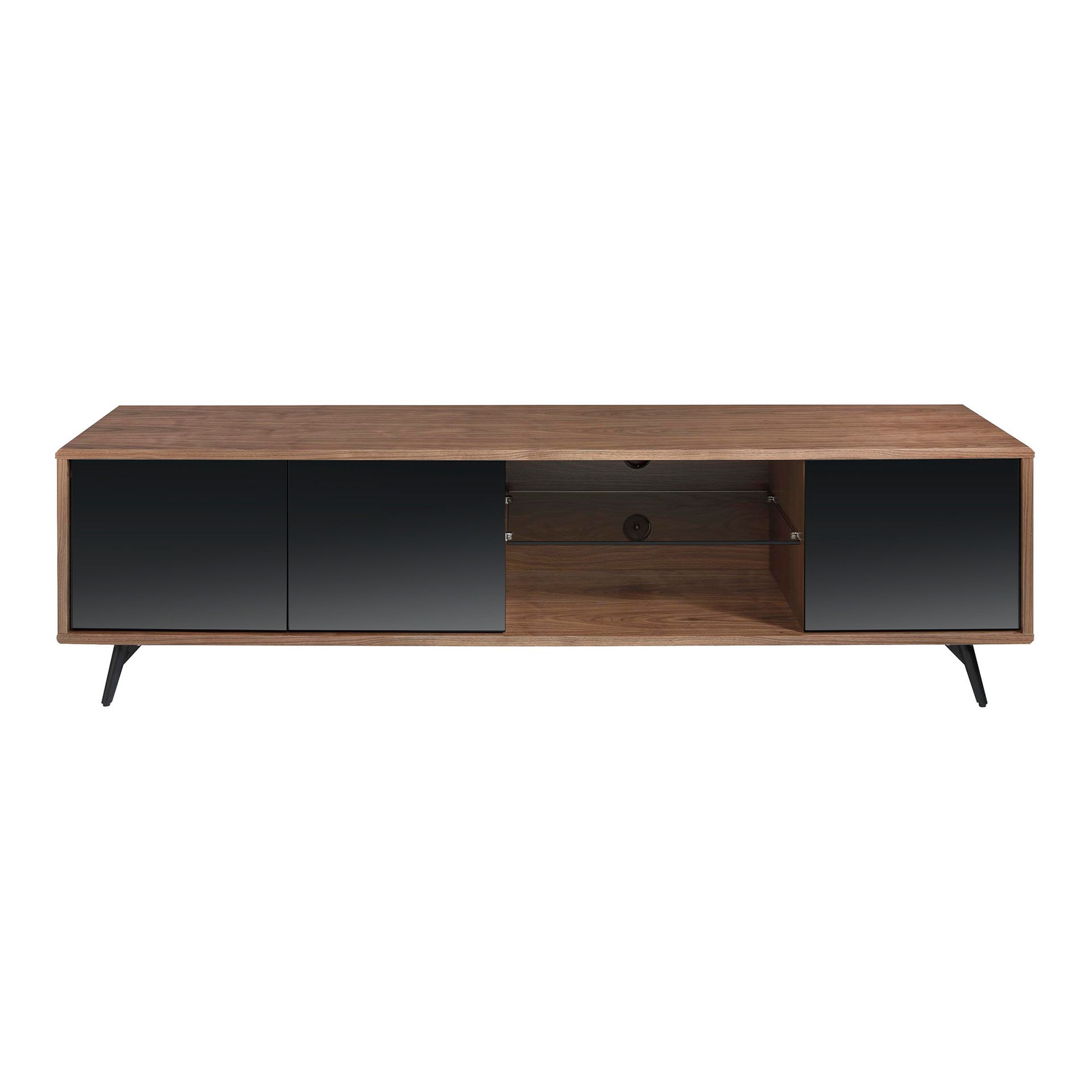 Mirror effect black glass, walnut and black steel TV unit