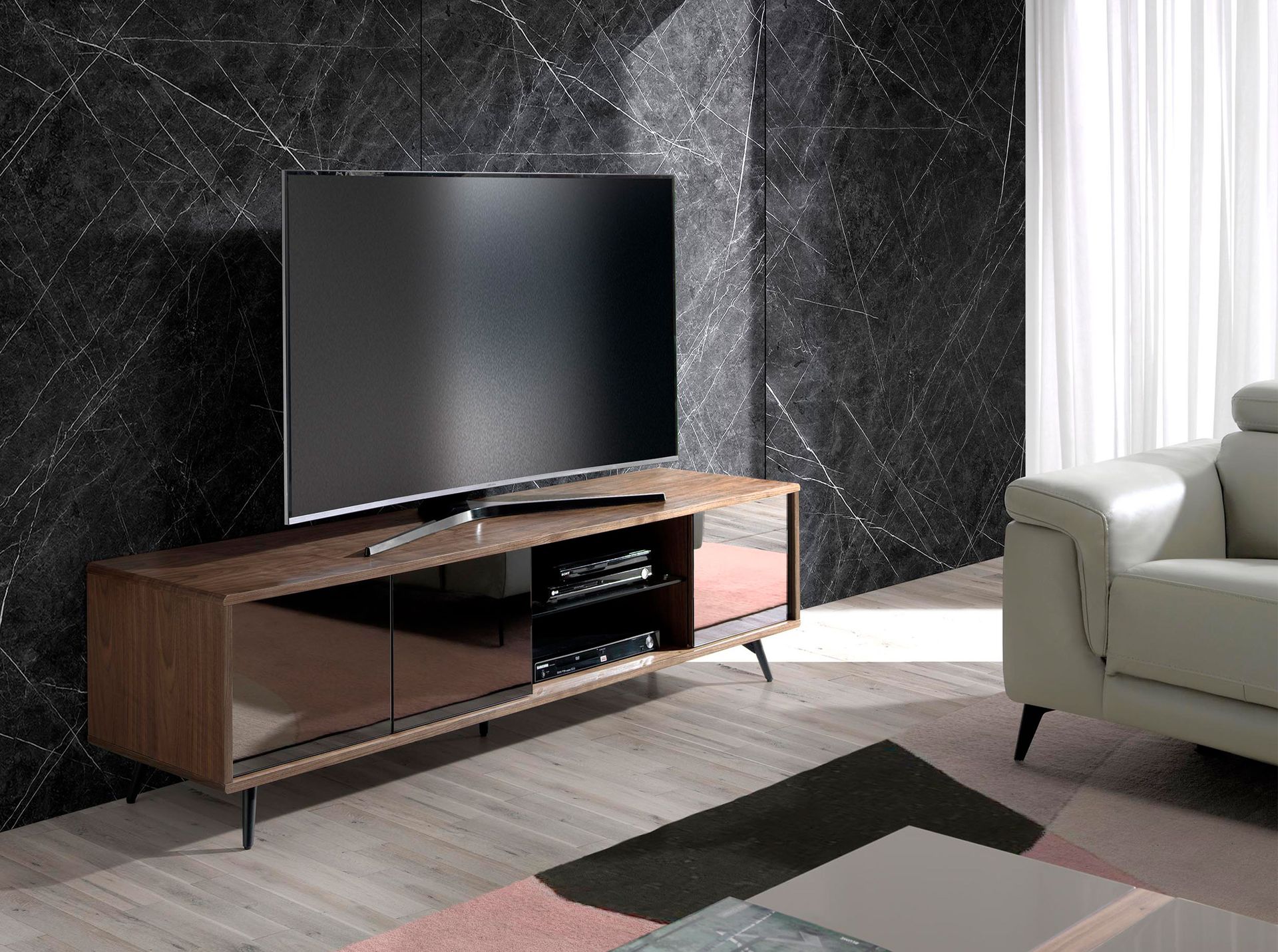 Mirror effect black glass, walnut and black steel TV unit