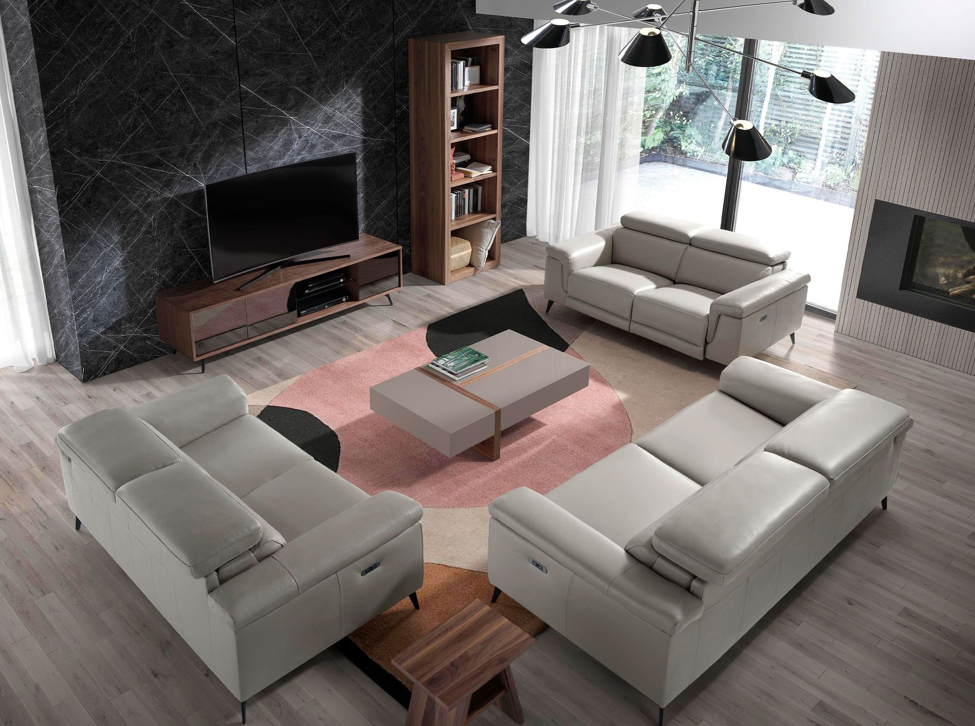 Mirror effect black glass, walnut and black steel TV unit