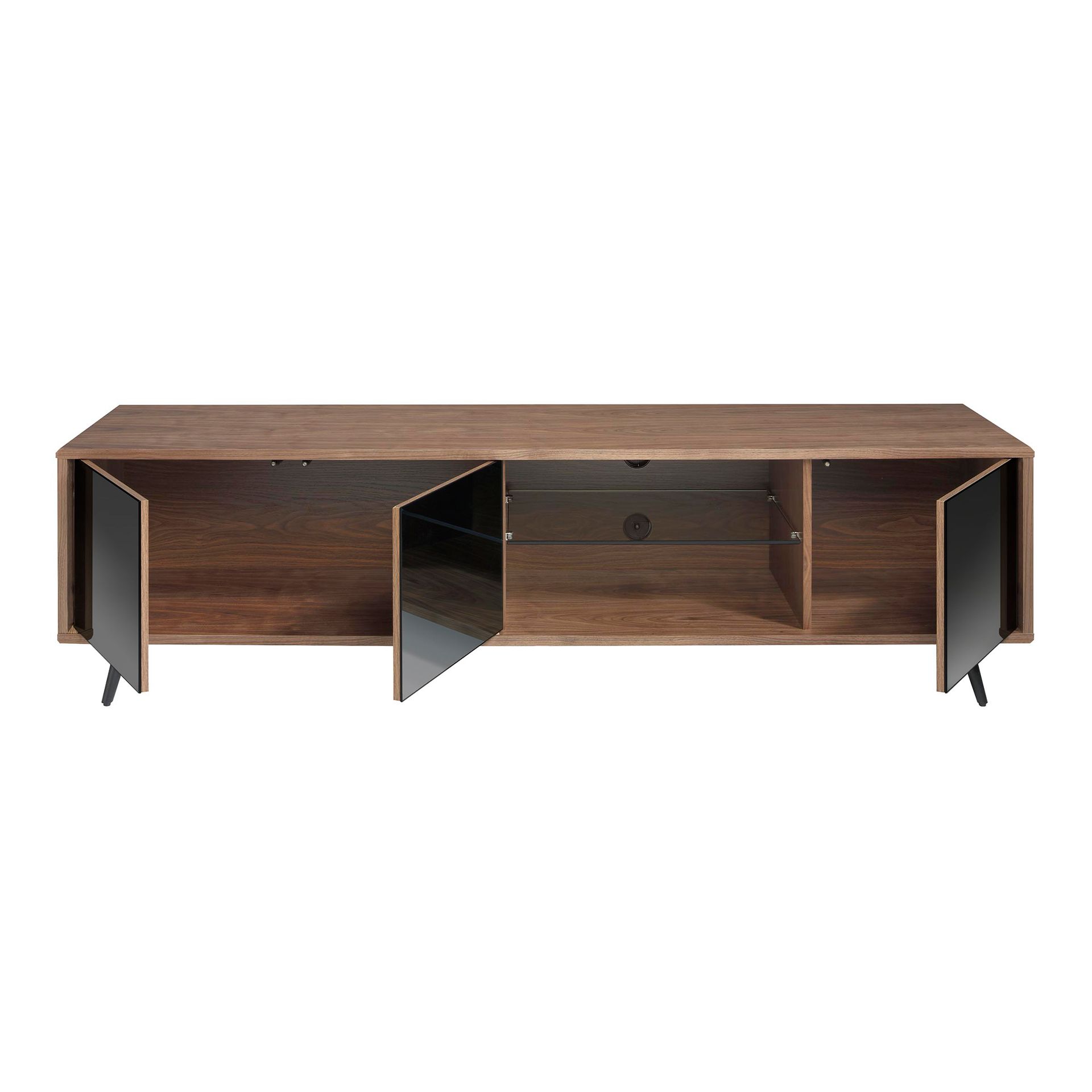 Mirror effect black glass, walnut and black steel TV unit