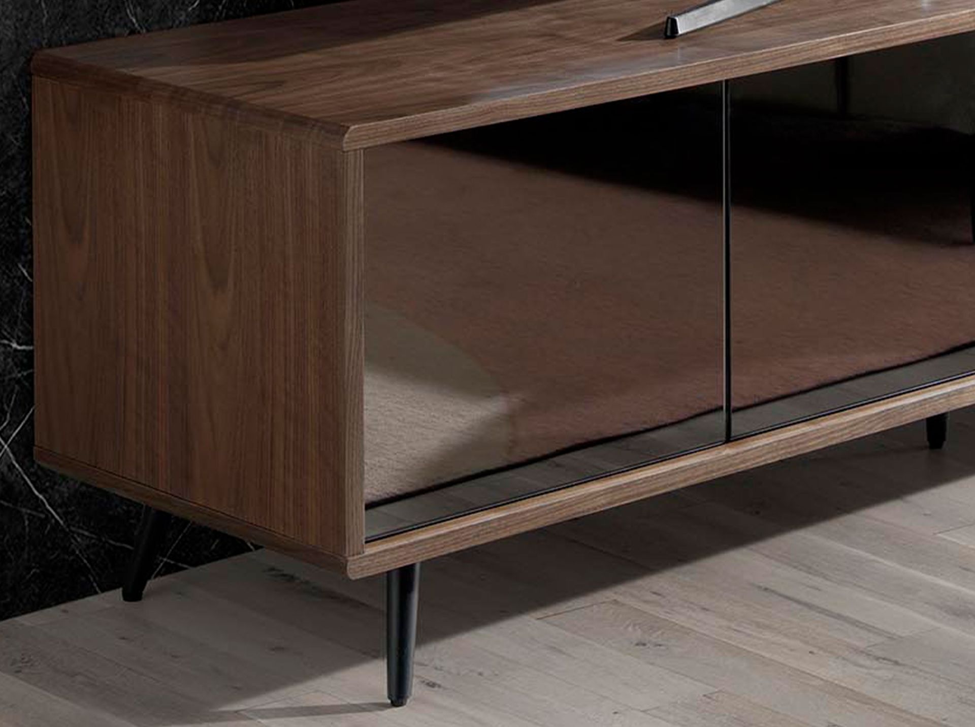 Mirror effect black glass, walnut and black steel TV unit