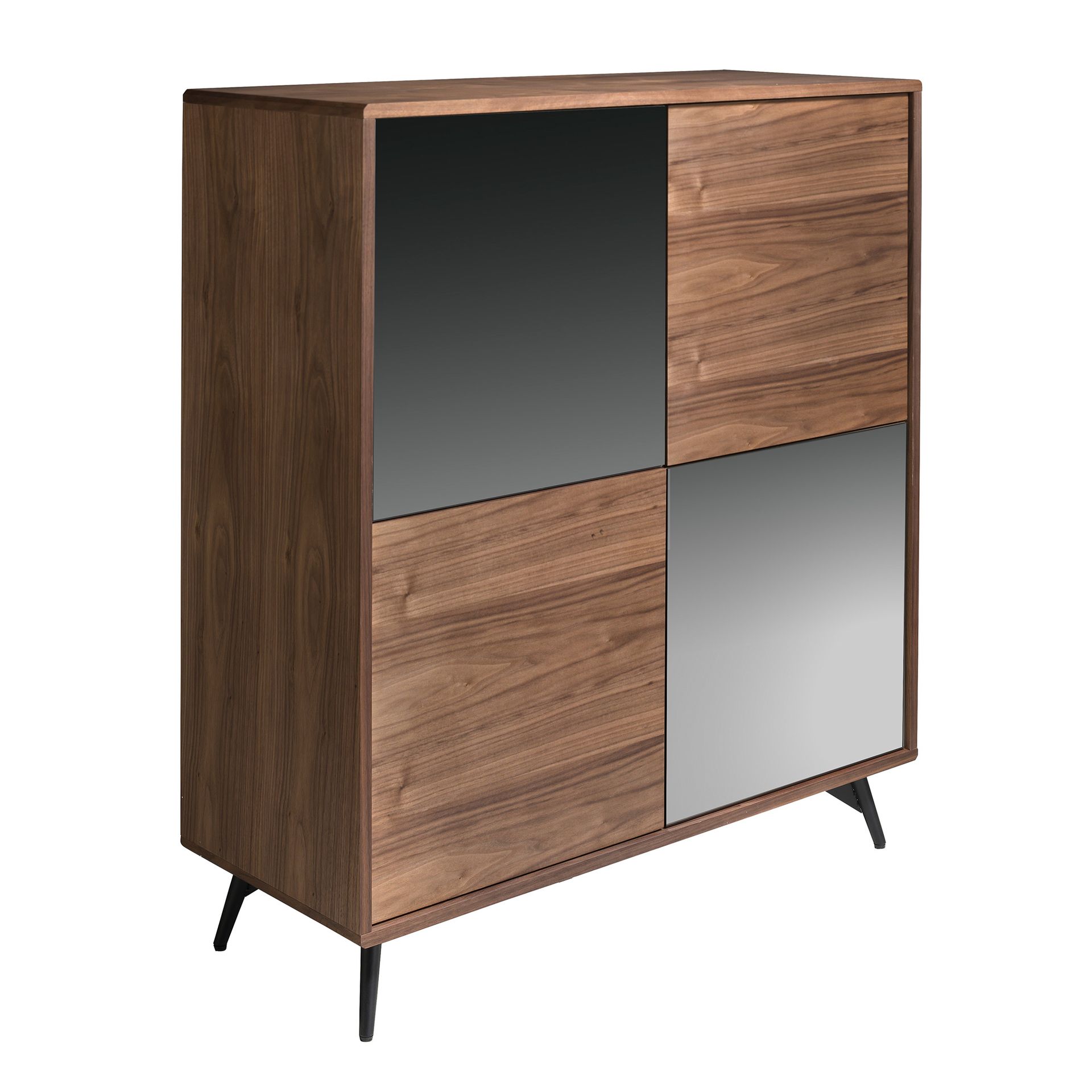 Mirror effect black glass, walnut and black steel tall sideboard