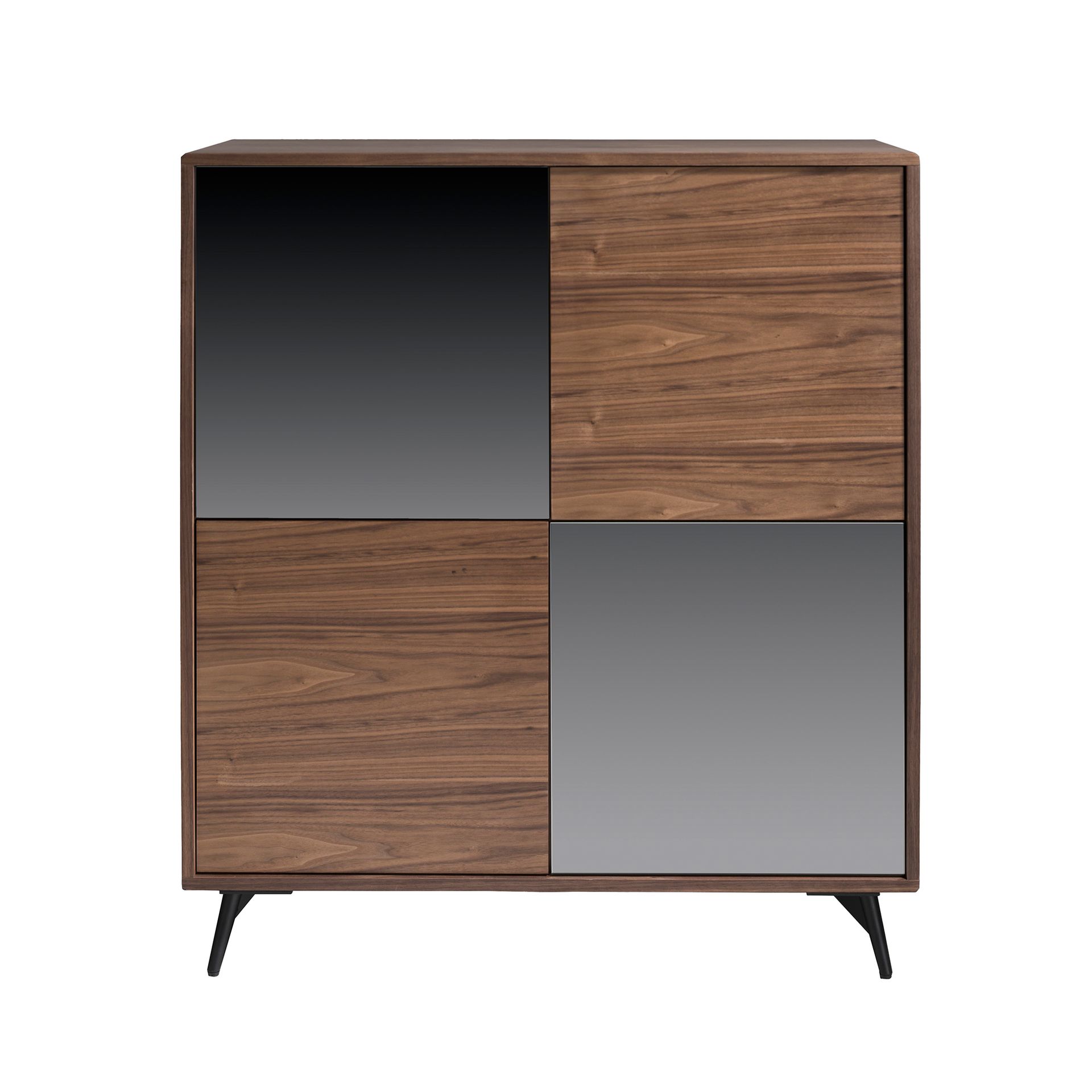 Mirror effect black glass, walnut and black steel tall sideboard