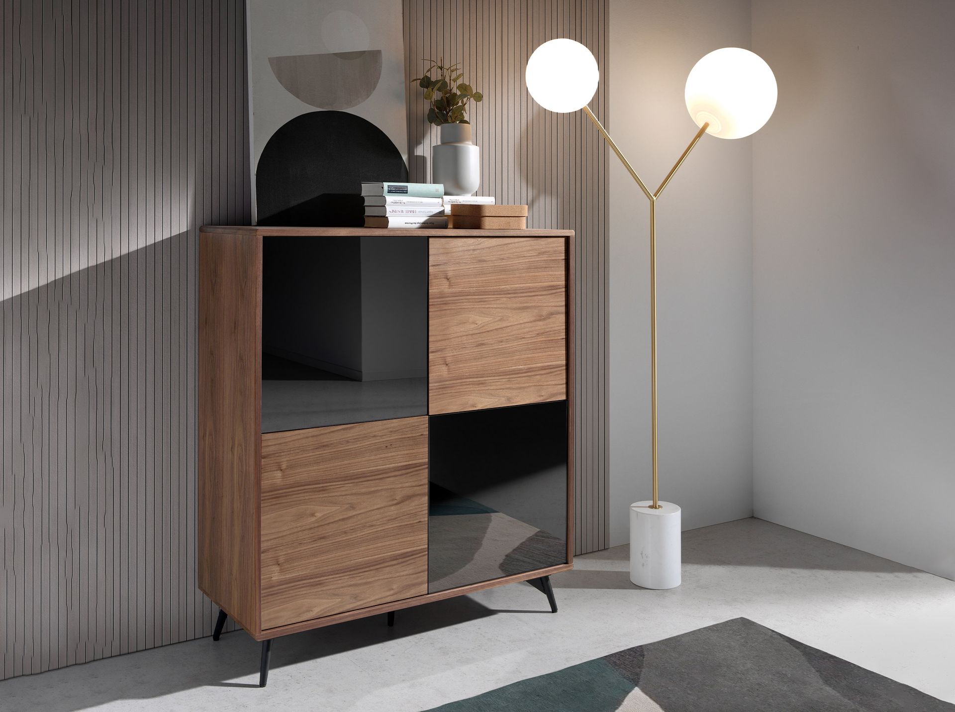 Mirror effect black glass, walnut and black steel tall sideboard