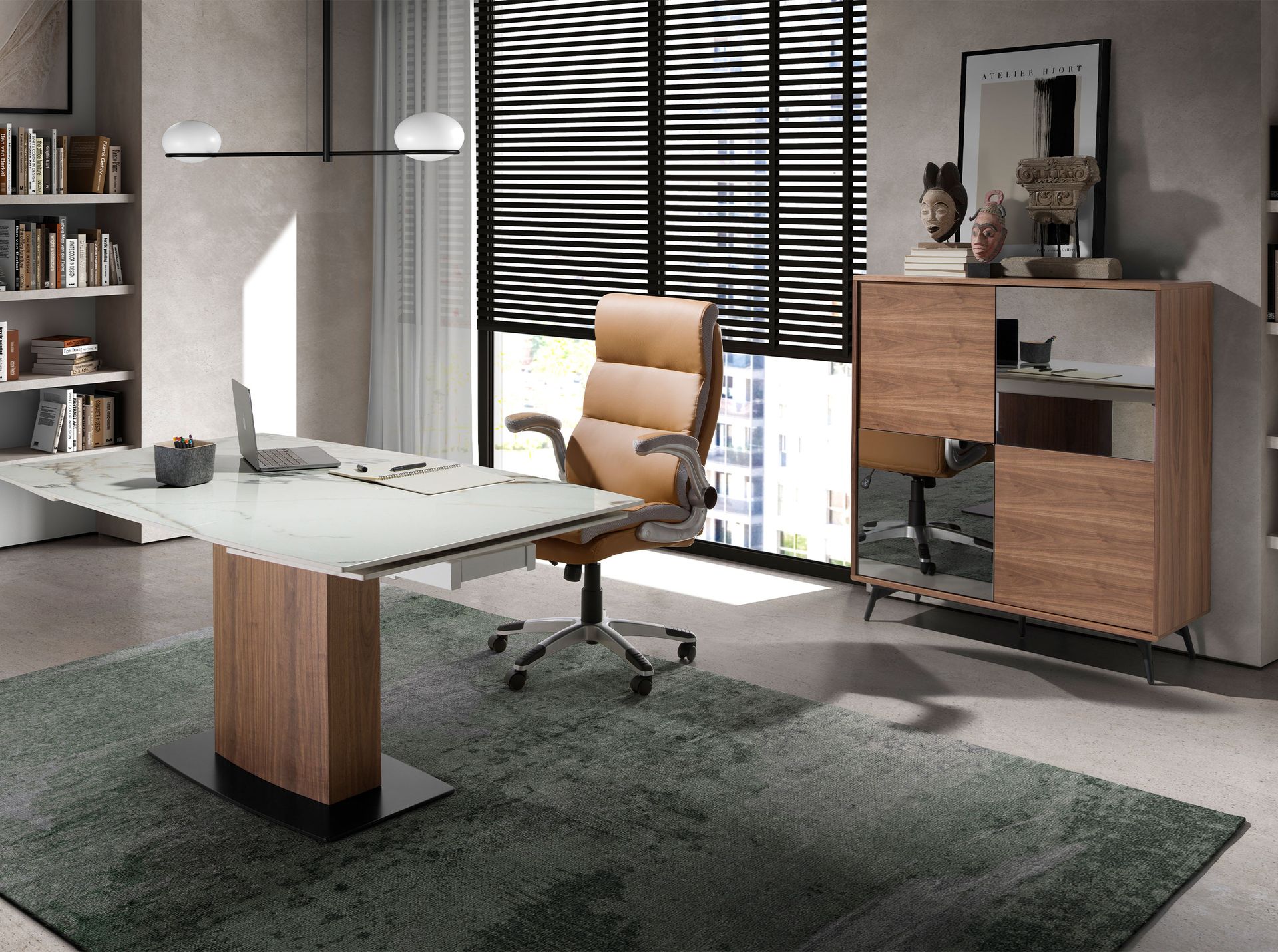Mirror effect black glass, walnut and black steel tall sideboard