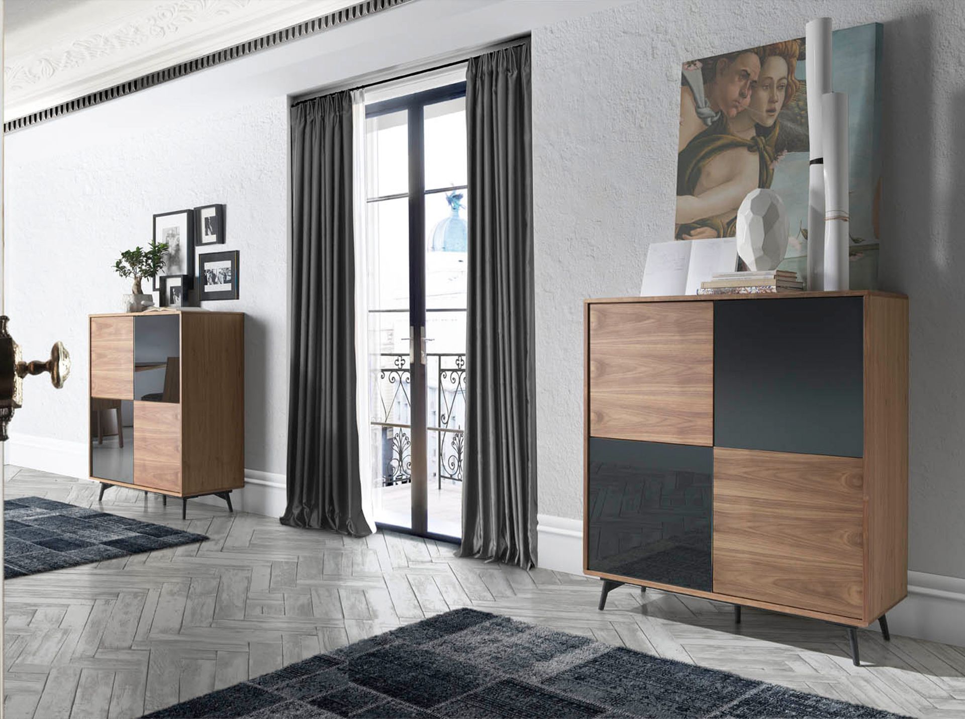 Mirror effect black glass, walnut and black steel tall sideboard
