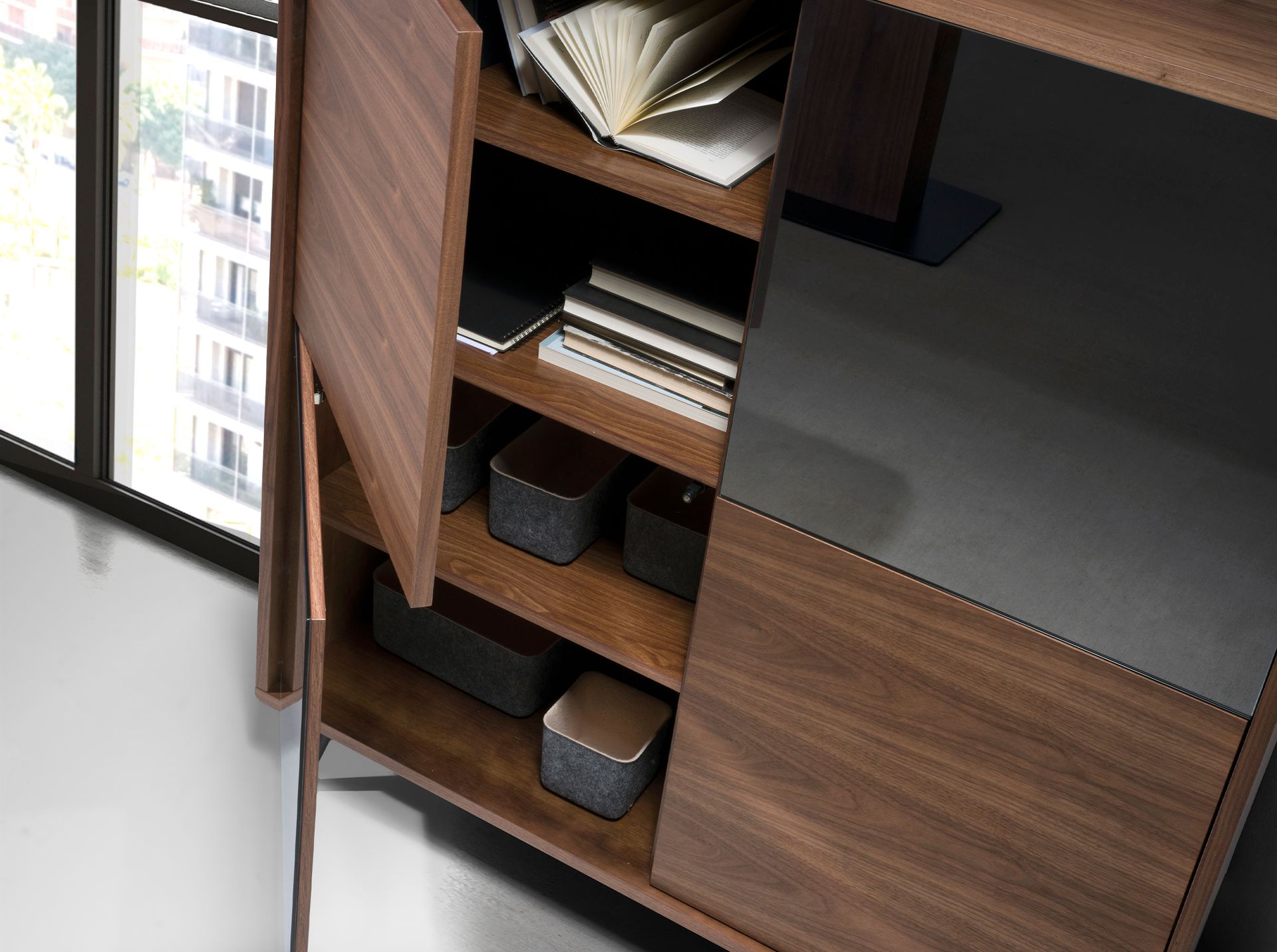 Mirror effect black glass, walnut and black steel tall sideboard