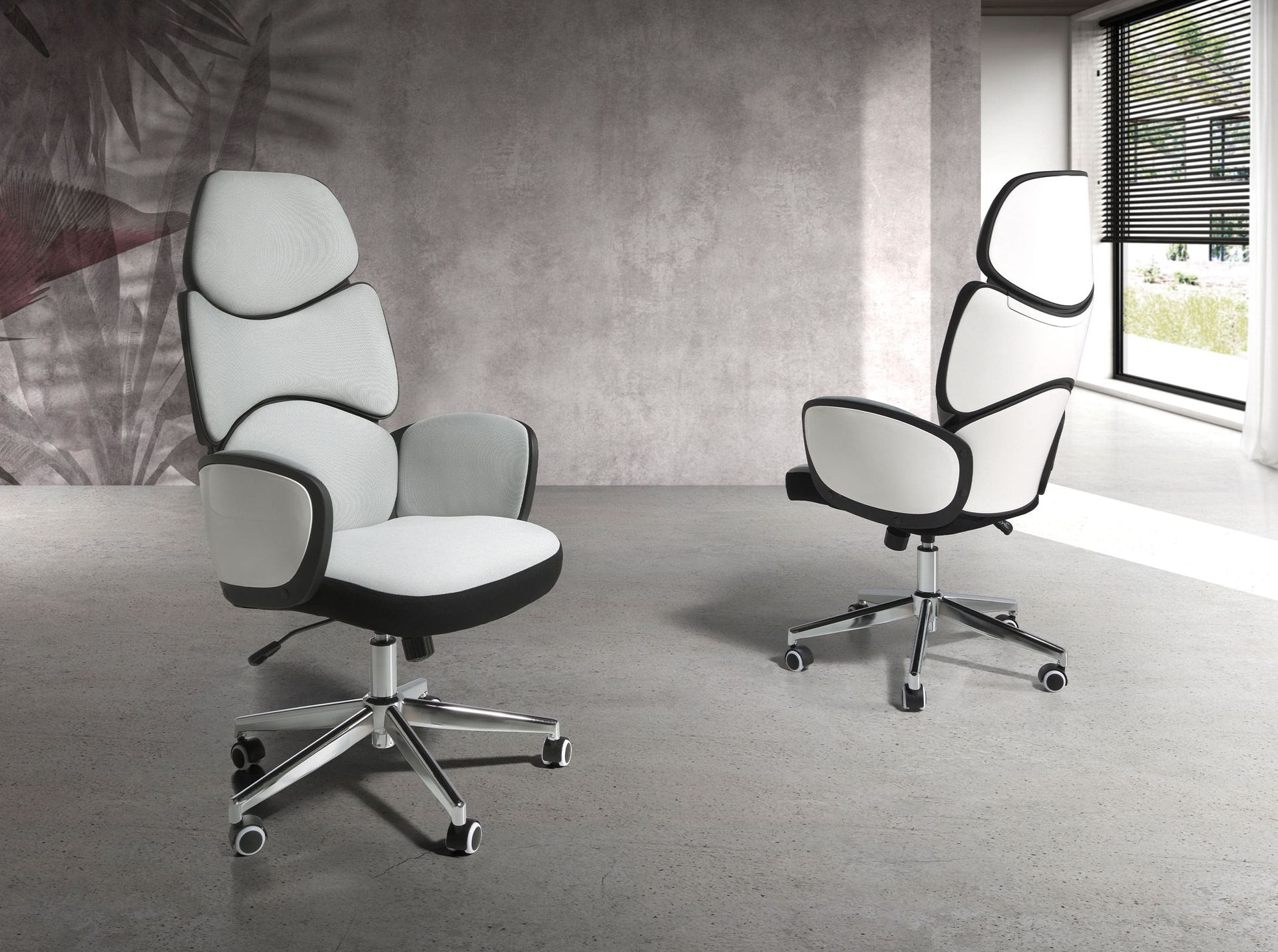 Office swivel chair light grey fabric and glossy white pvc