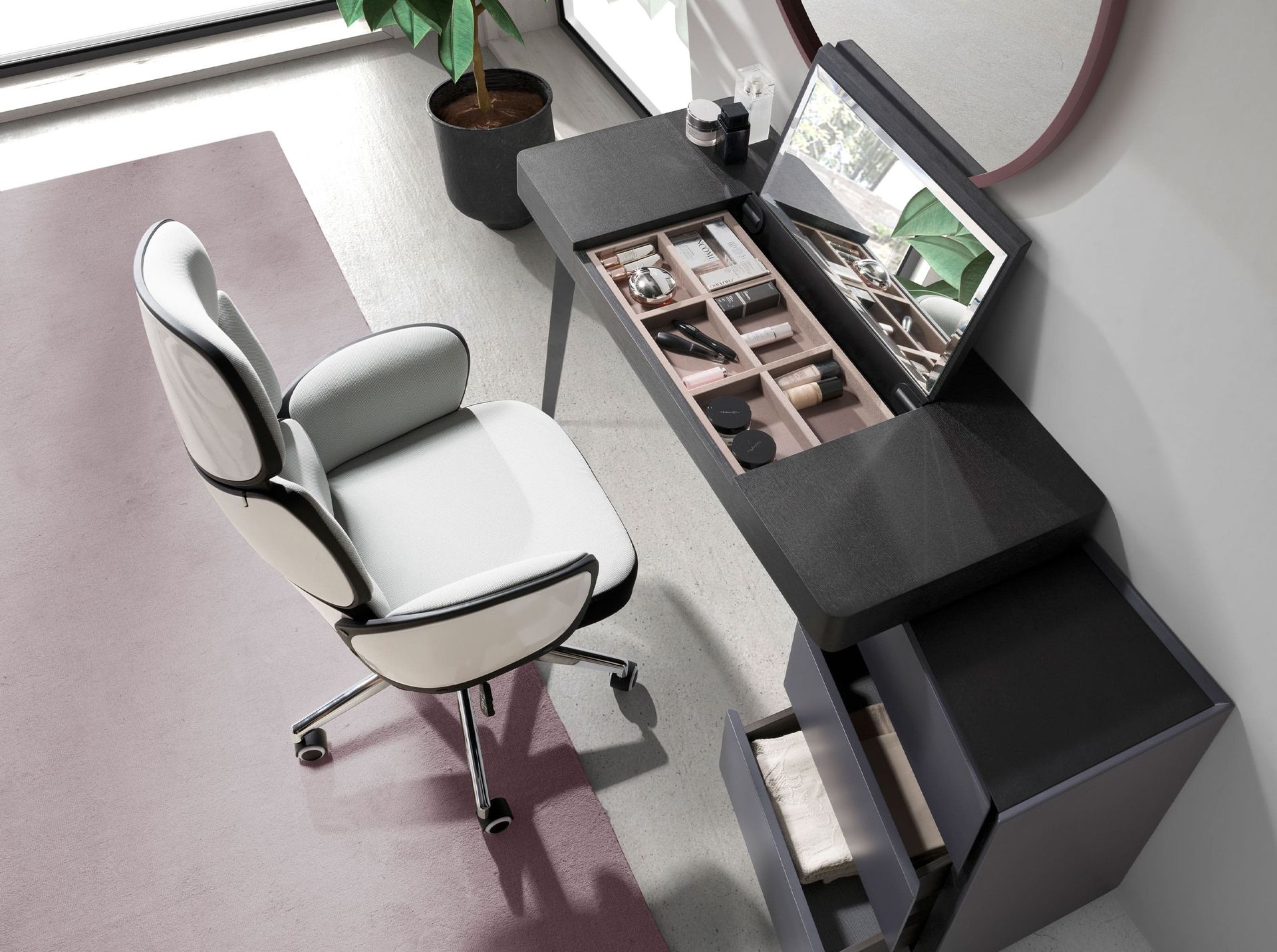 Office swivel chair light grey fabric and glossy white pvc