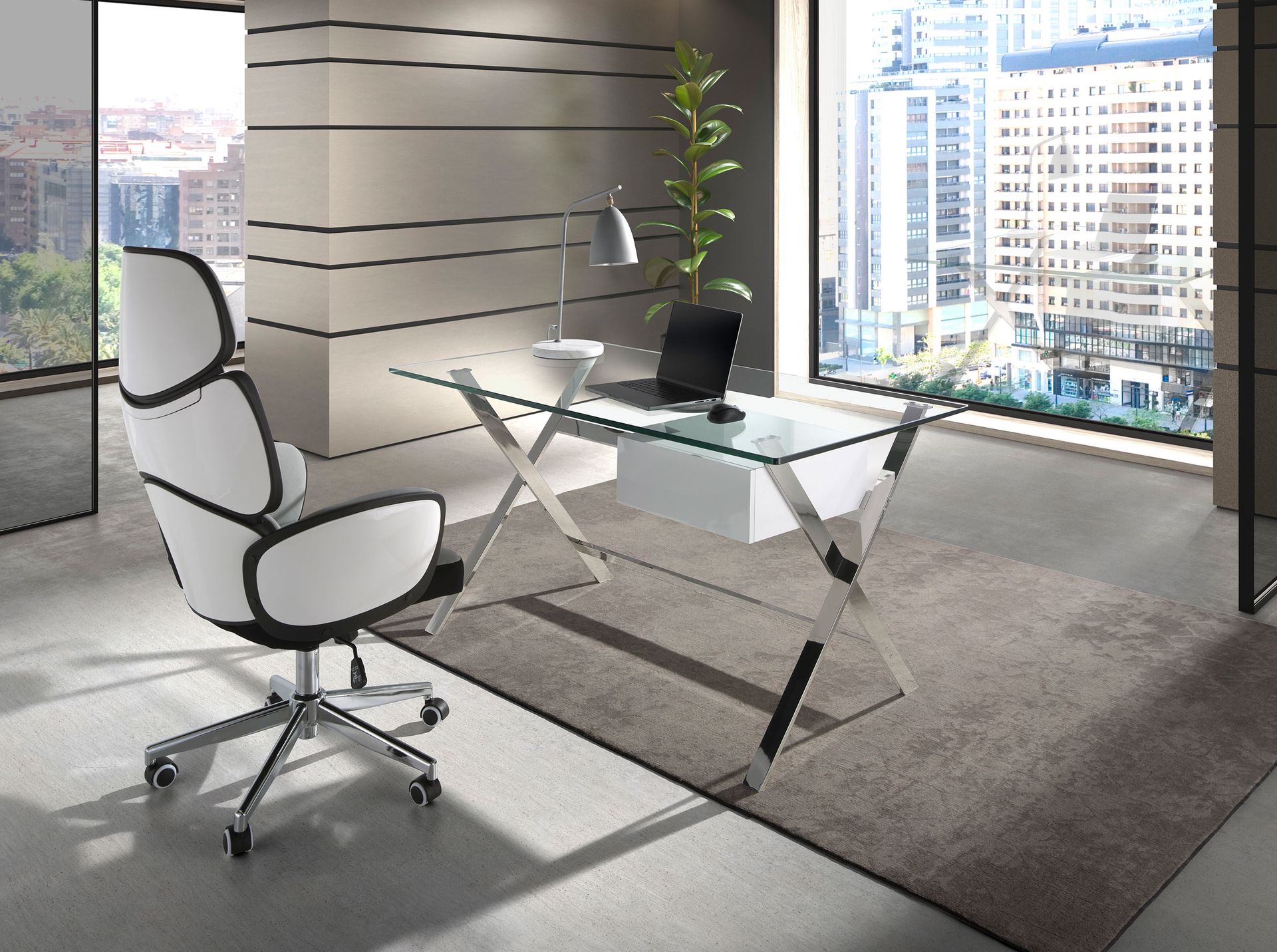 Office swivel chair light grey fabric and glossy white pvc