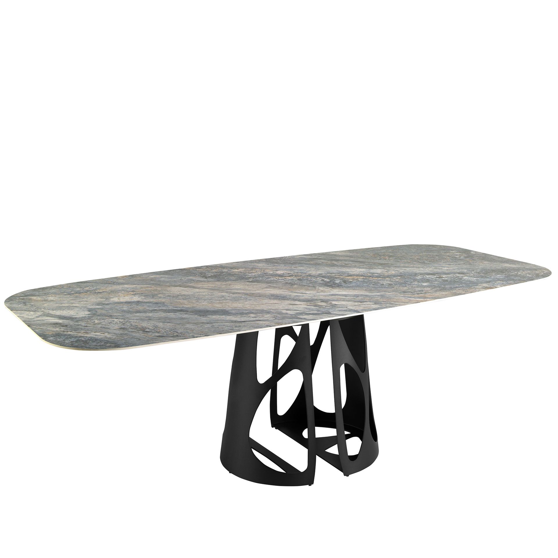 Oval Barrel porcelain marble and black steel dining table