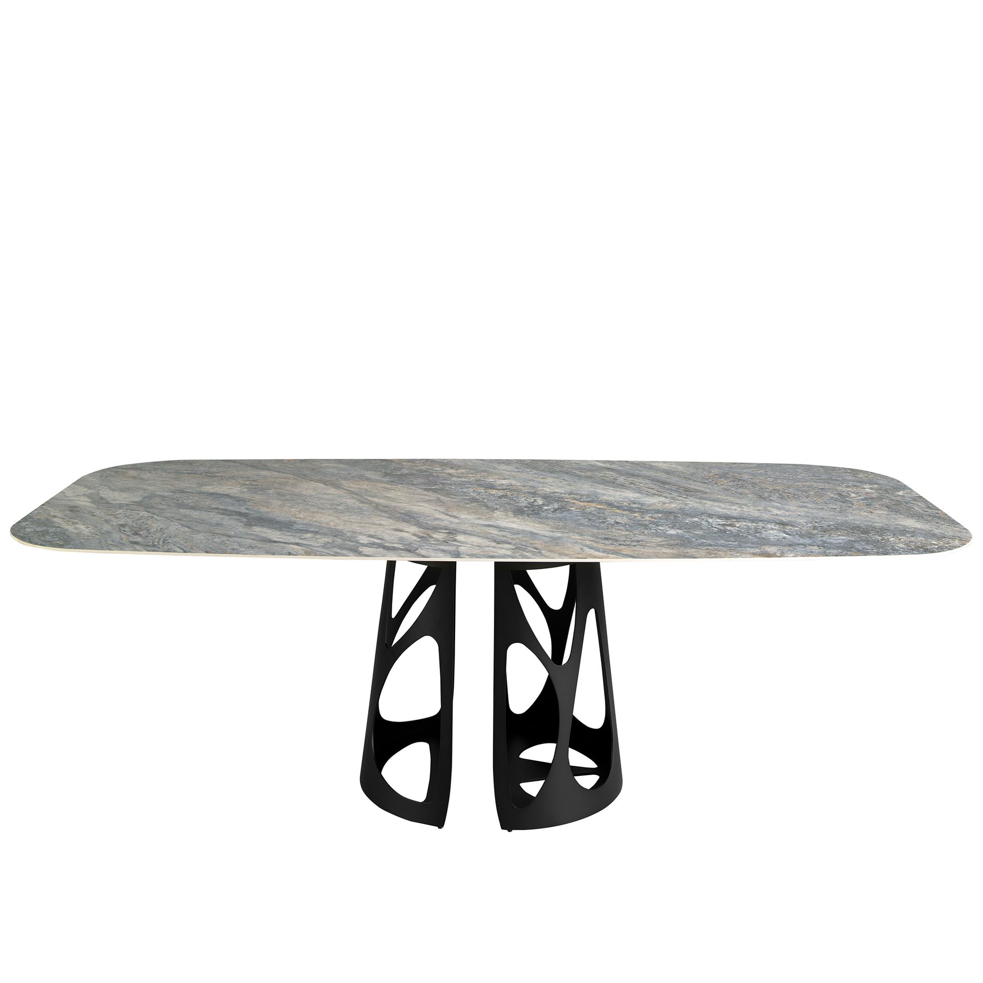 Oval Barrel porcelain marble and black steel dining table