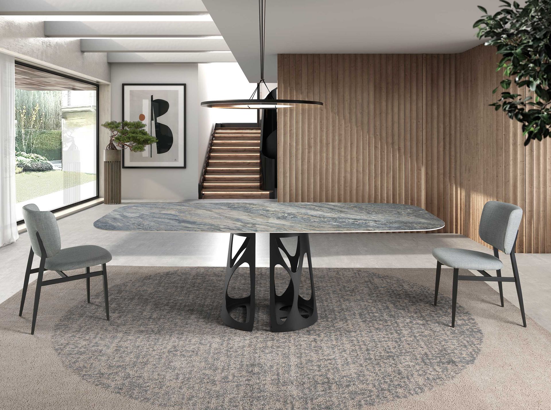 Oval Barrel porcelain marble and black steel dining table