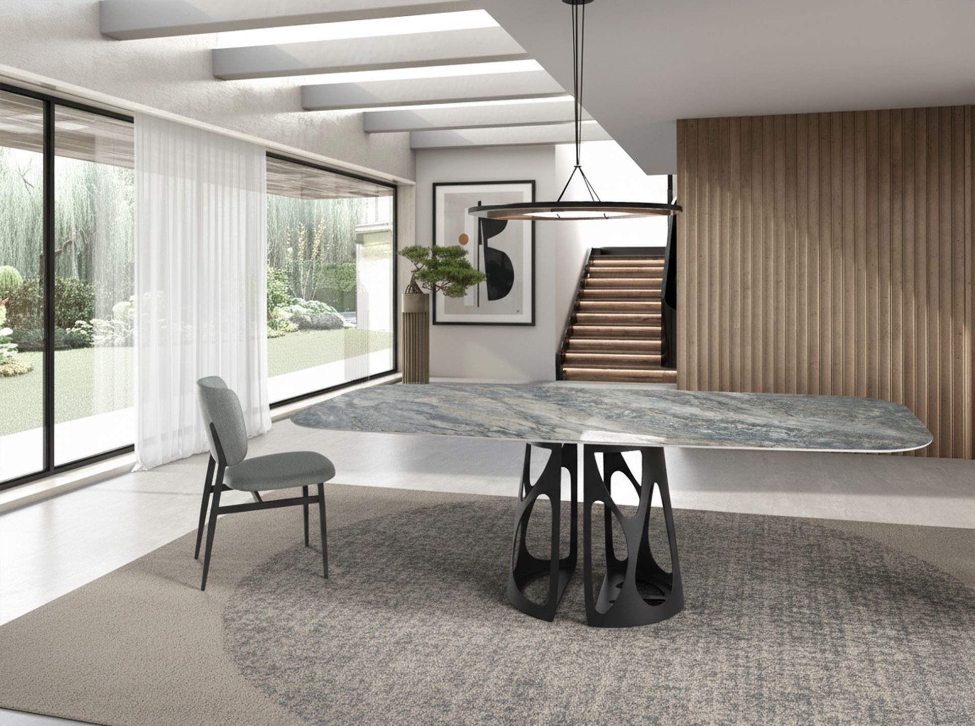 Oval Barrel porcelain marble and black steel dining table