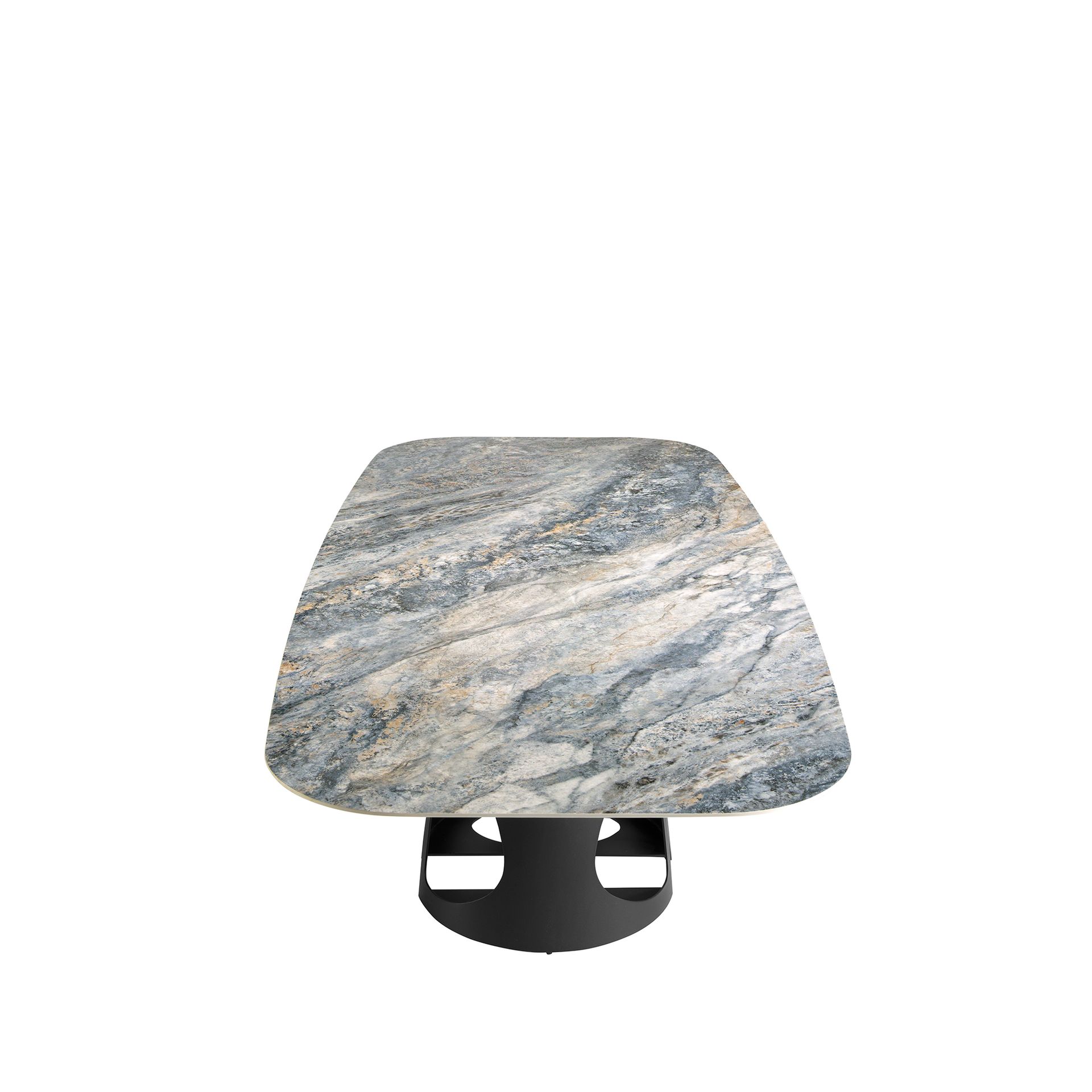 Oval Barrel porcelain marble and black steel dining table