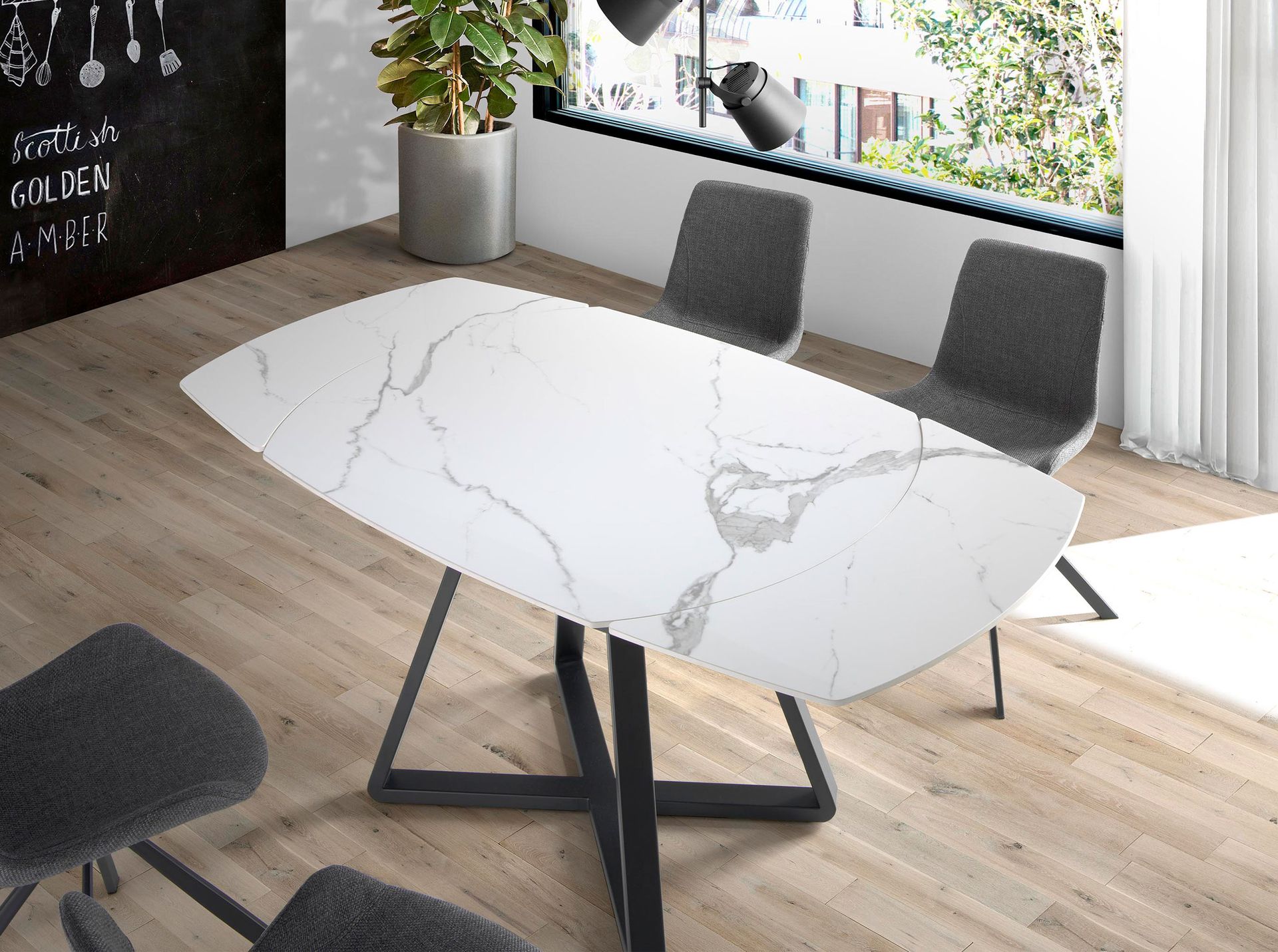 Oval Barrel porcelain marble and black steel extending dining table