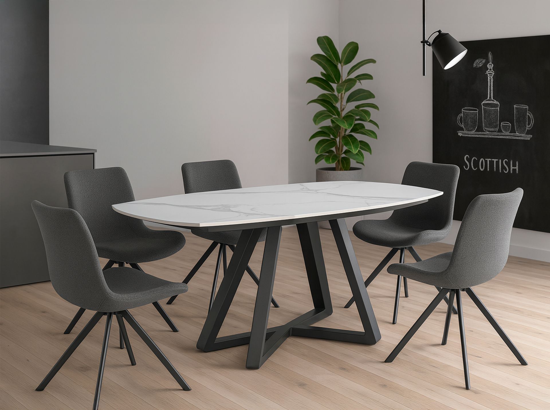 Oval Barrel porcelain marble and black steel extending dining table