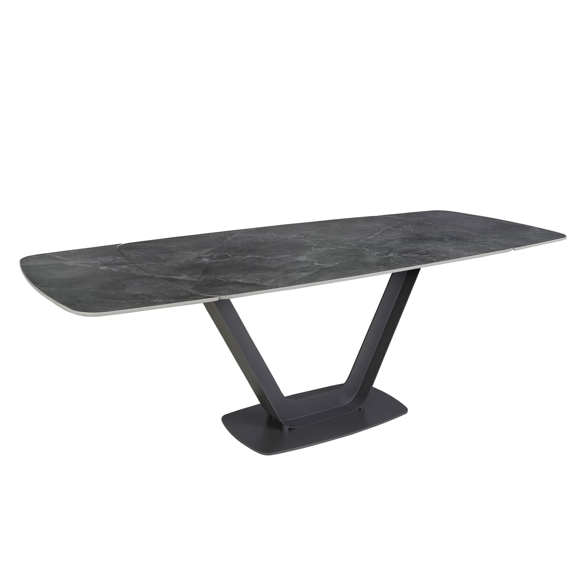 Oval Barrel porcelain marble and black steel extending dining table